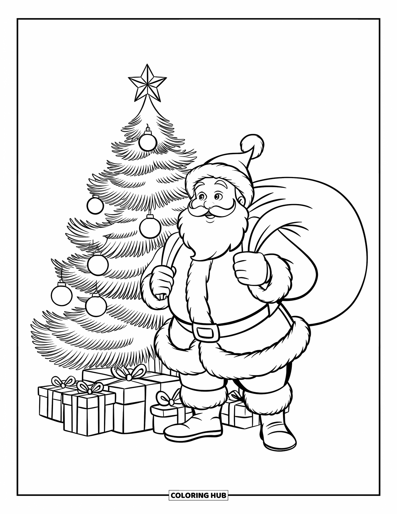 Kerst Kleurplaat voor Kinderen: Vrolijke kerstman houdt een zak met cadeaus vast naast een sprankelende kerstboom