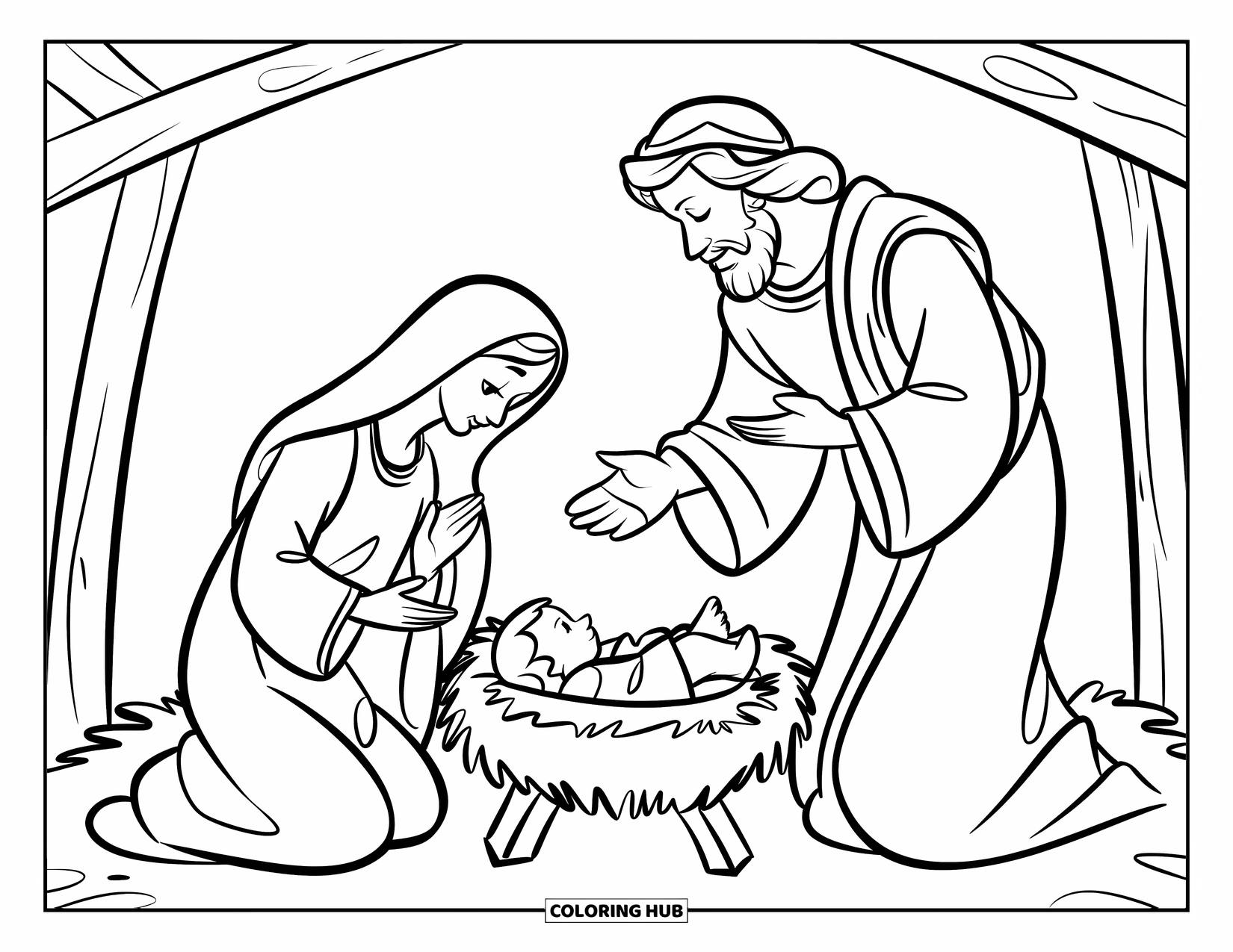 Kerst Kleurplaat voor Kinderen: Maria, Jozef en Baby Jezus rusten vredig in een kribbe onder een rustige stal