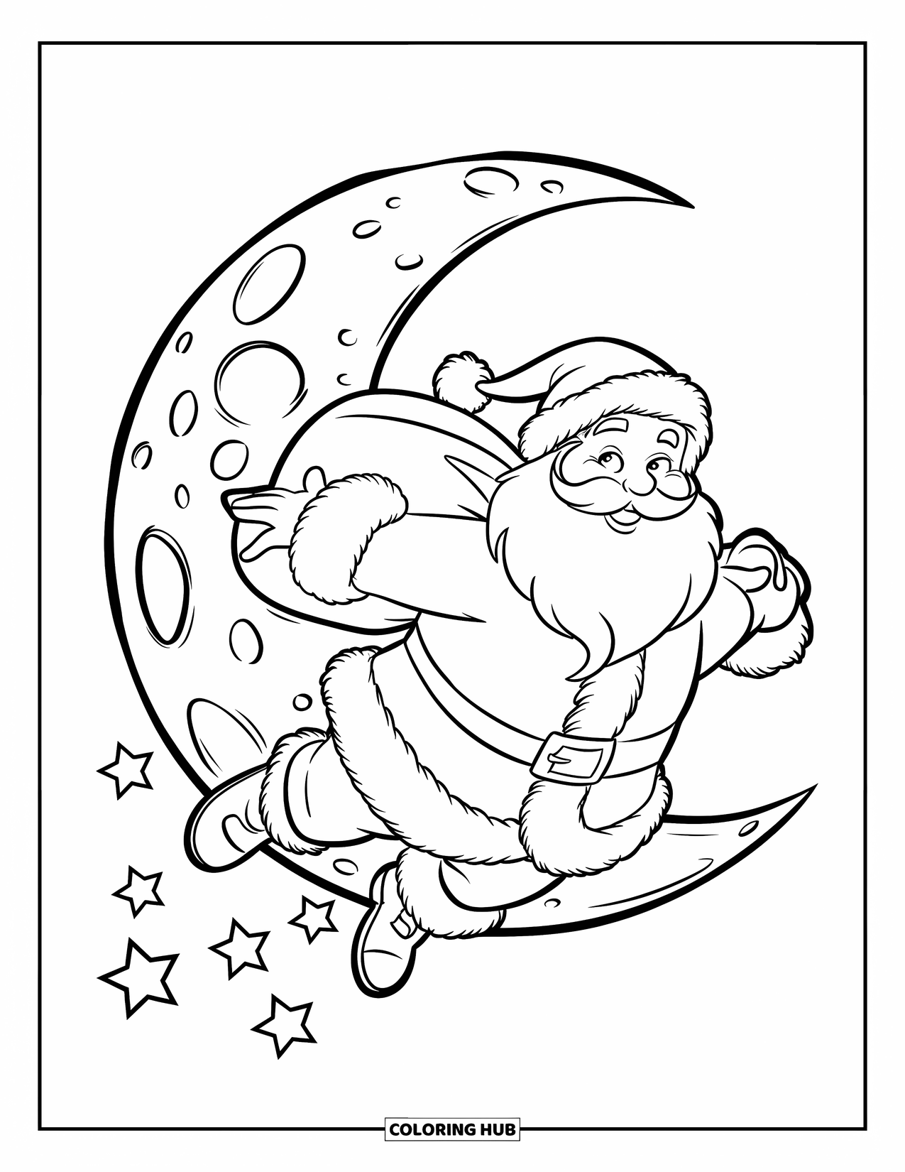 Kerst Kleurplaat voor Kinderen: De kerstman en zijn rendieren snellen door de maanverlichte hemel en bezorgen cadeautjes aan kinderen beneden