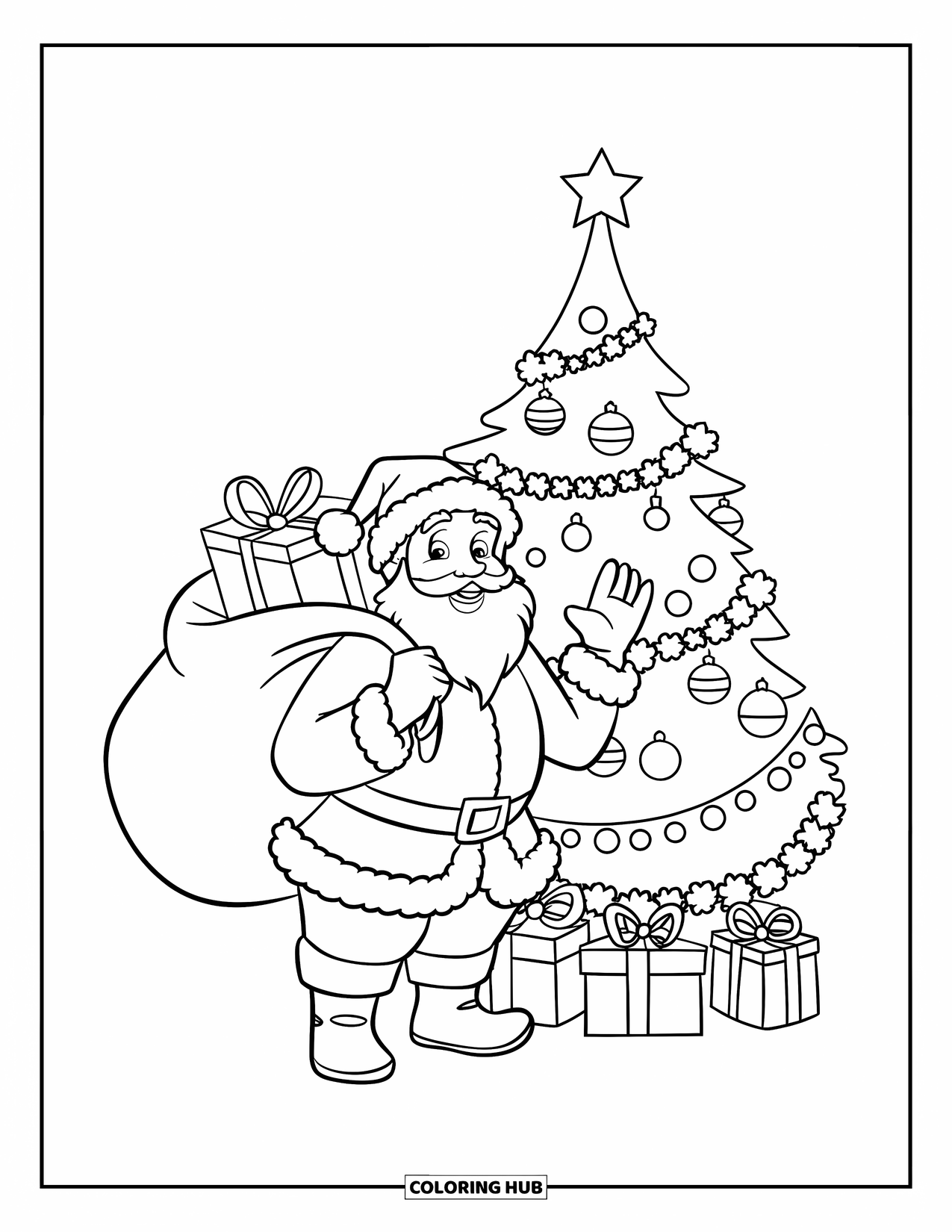 Kerst Kleurplaat voor Kinderen: De kerstman met een grote zak cadeaus staat naast een versierde kerstboom