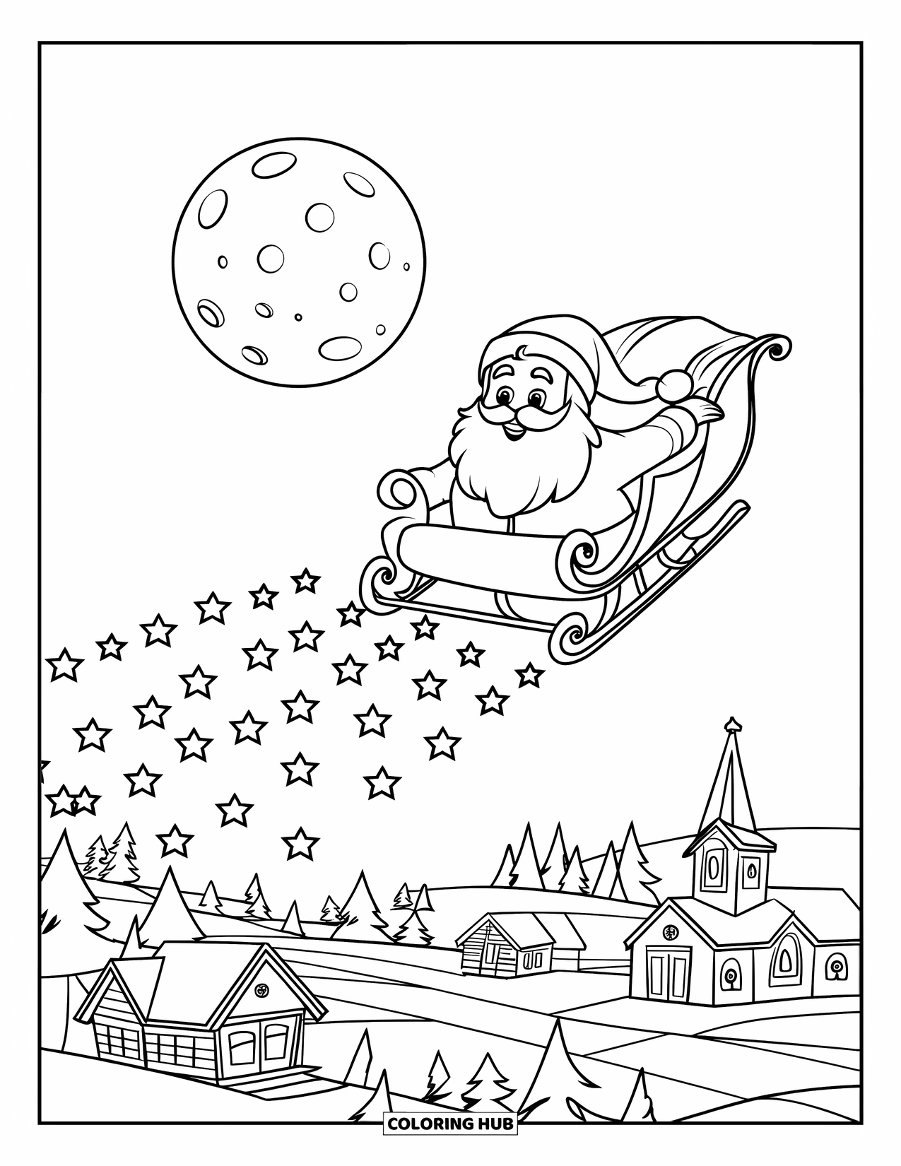 Kerst Kleurplaat voor Kinderen: De kerstman glijdt door de nachtelijke hemel en laat een sprankelend spoor van magie achter zich