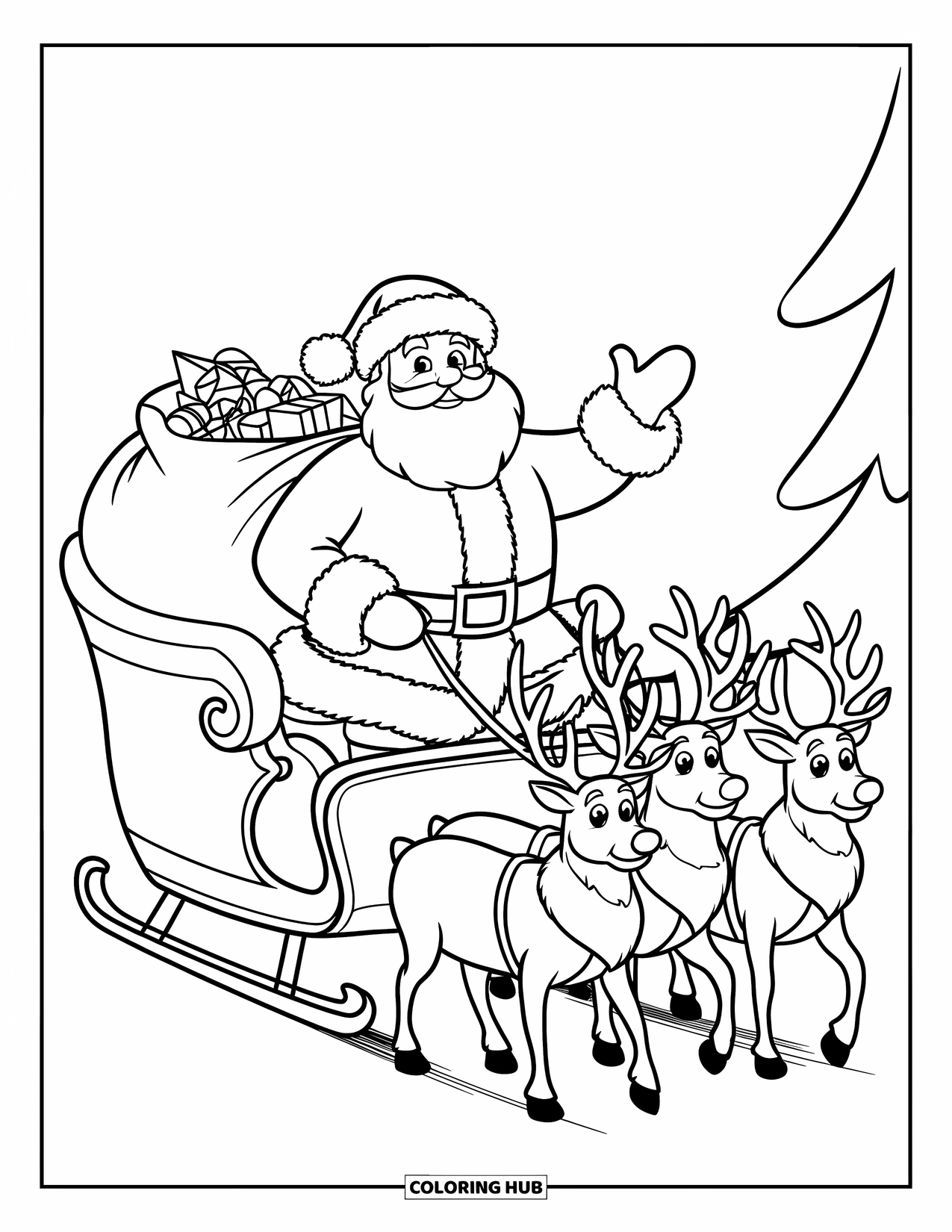 Kerst Kleurplaat voor Kinderen: De kerstman rijdt met zijn slee door een besneeuwde nacht en zwaait terwijl rendieren hem voorttrekken