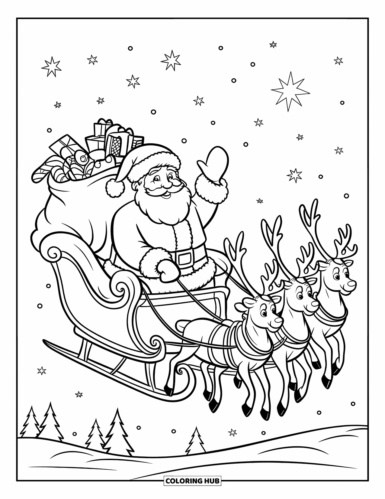 Kerst Kleurplaat voor Kinderen: De kerstman zwaait vanuit zijn slee, met een zak cadeaus en vliegend met zijn rendieren