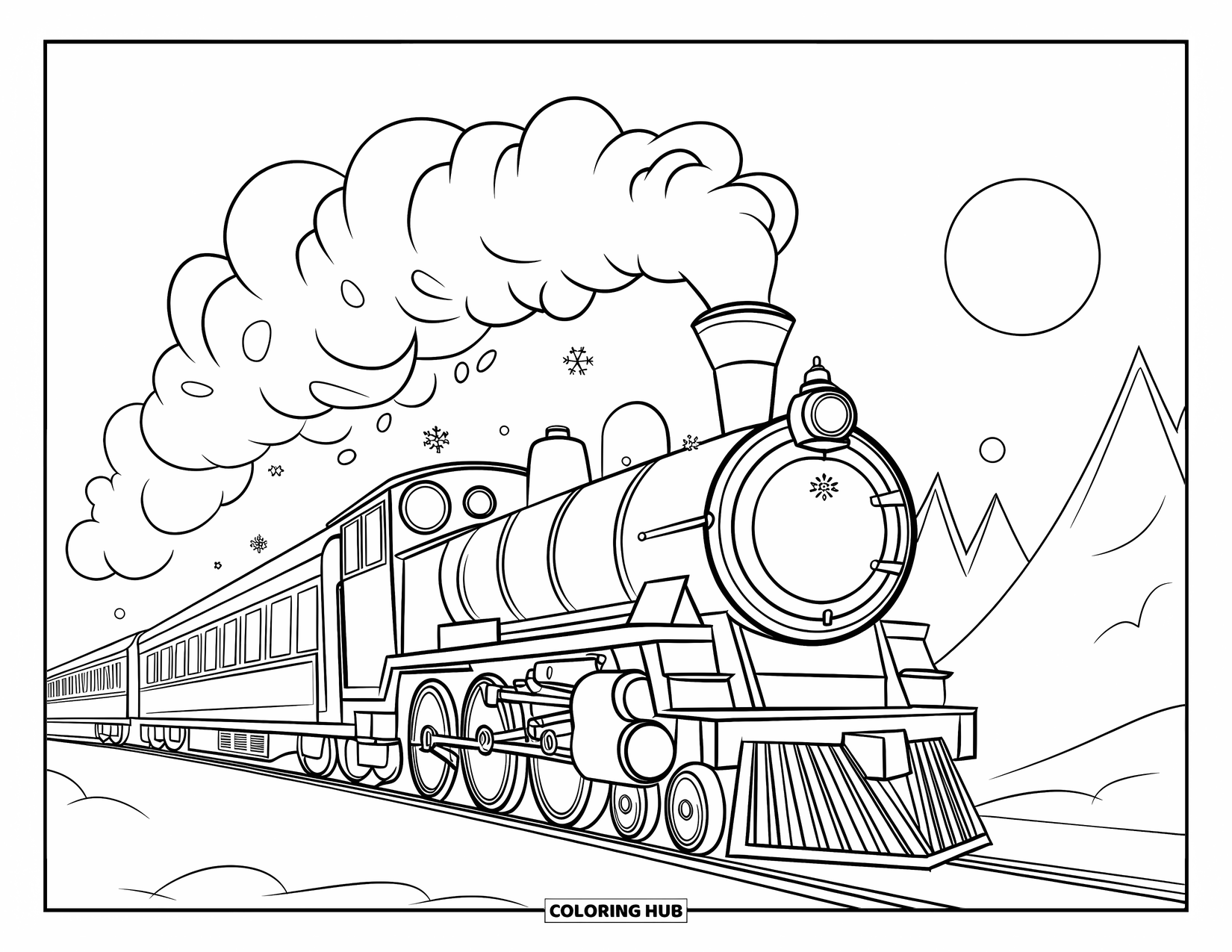 Kerst Kleurplaat voor Kinderen: De Polar Express stoomt door een besneeuwde nacht en laat een spoor van magische feestdagvormen achter