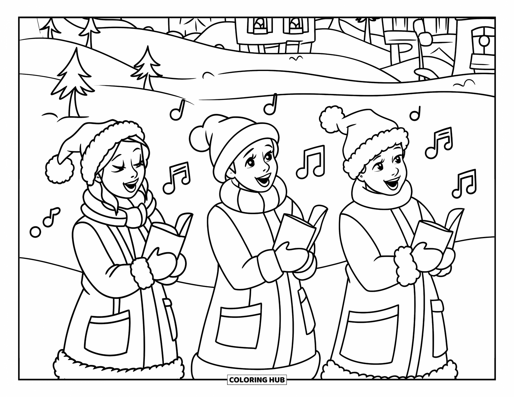 Kerst Kleurplaat voor Kinderen: Drie ingepakte kerstzangers zingen samen in de sneeuw, omringd door bomen en gebouwen