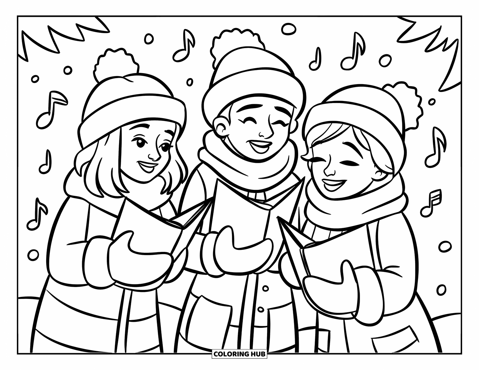 Kerst Kleurplaat voor Kinderen: Drie vrolijke kerstzangers zingen in de sneeuw, gekleed in warme winterkleding