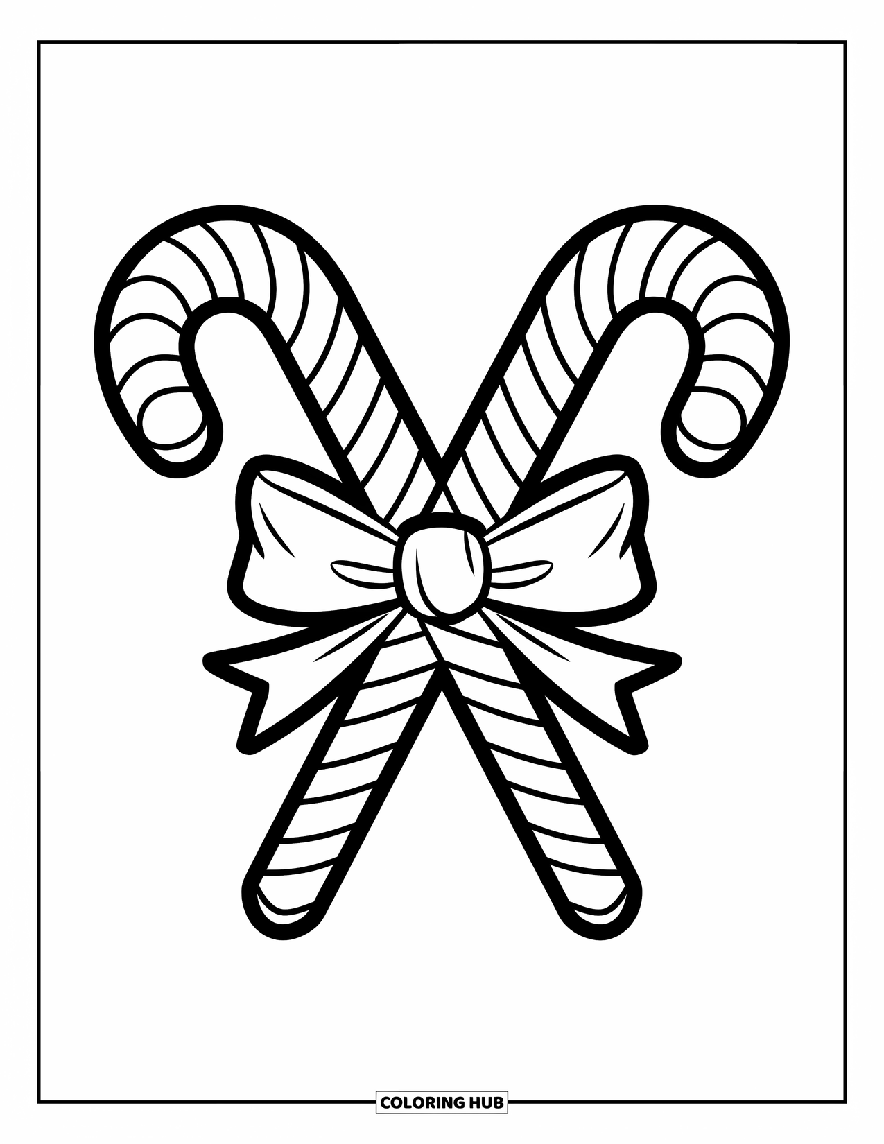 Kerst Kleurplaat voor Kinderen: Twee zuurstokken aan elkaar gebonden met een grote strik, klaar voor de feestdagen