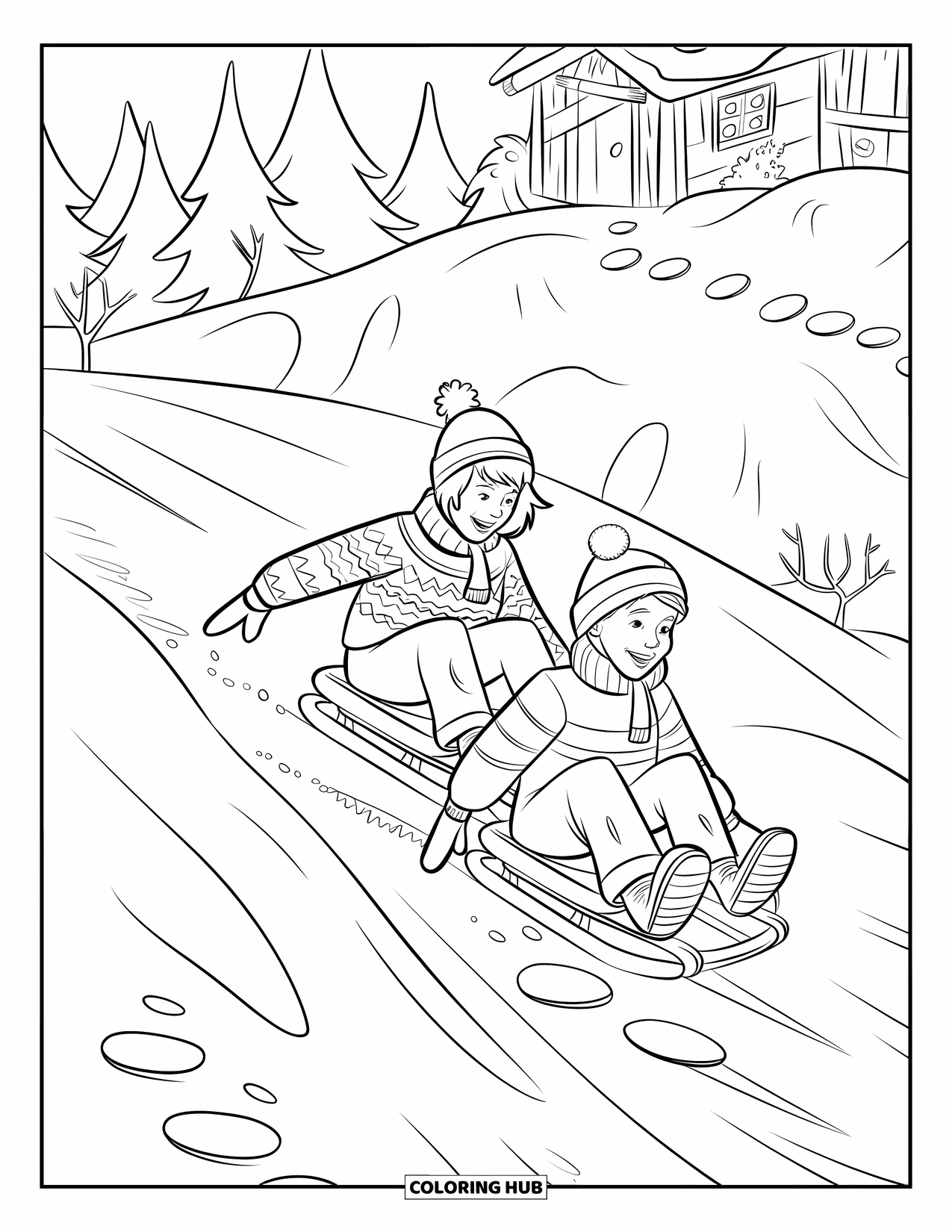 Kerst Kleurplaat voor Kinderen: Twee kinderen genieten van een spannende slee-rit van een besneeuwde heuvel langs dennenbomen