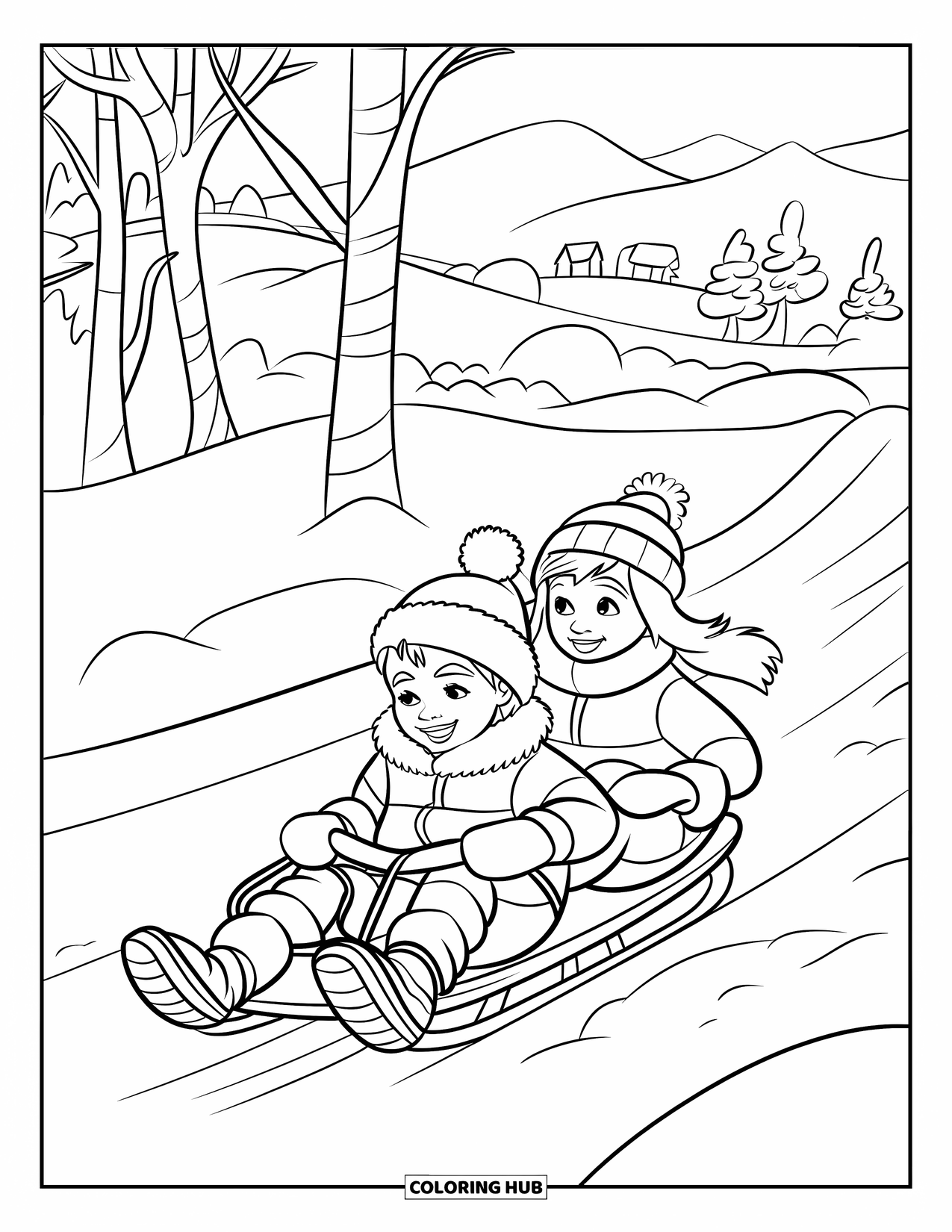Kerst Kleurplaat voor Kinderen: Twee kinderen in feestelijke winterkleding zoomen een besneeuwde heuvel af op een slee