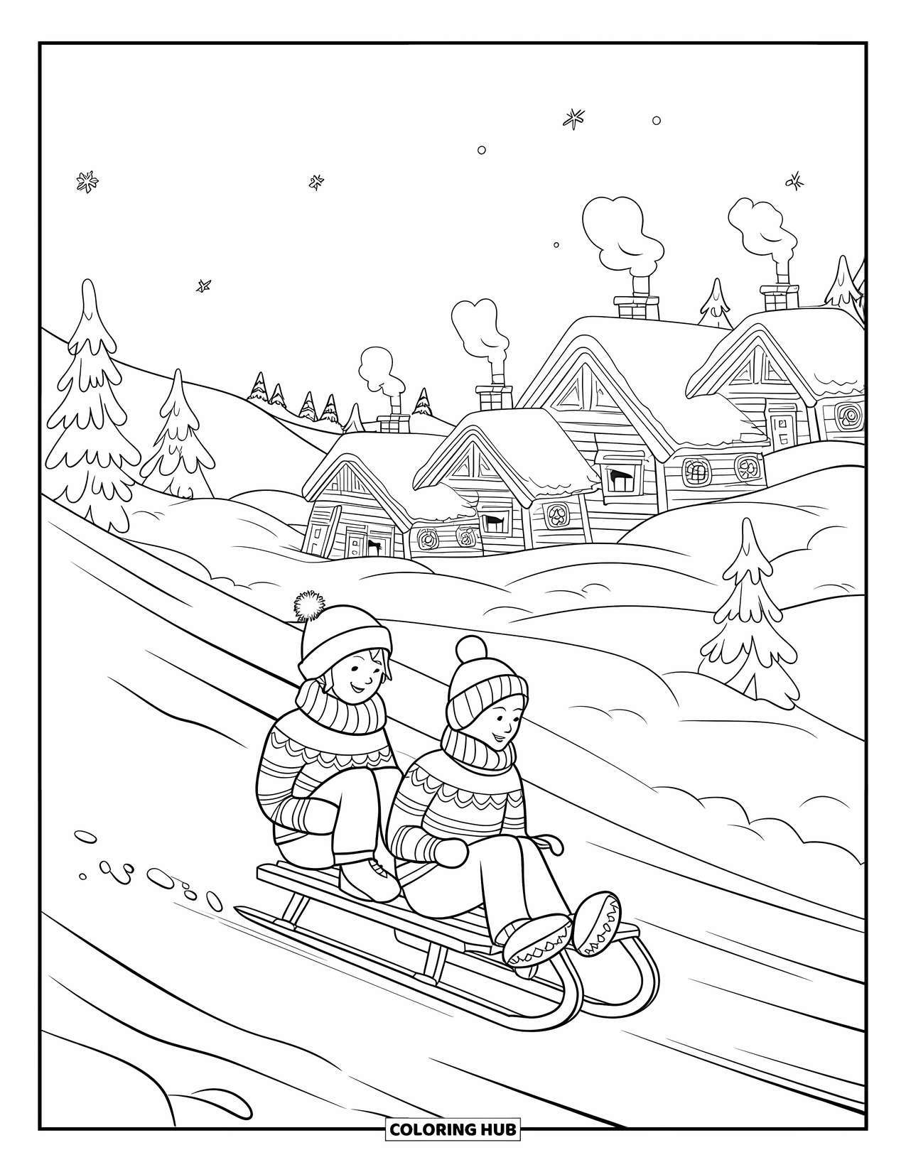 Kerst Kleurplaat voor Kinderen: Twee kinderen racen een besneeuwde heuvel af op een slee, lachend in de winterlucht