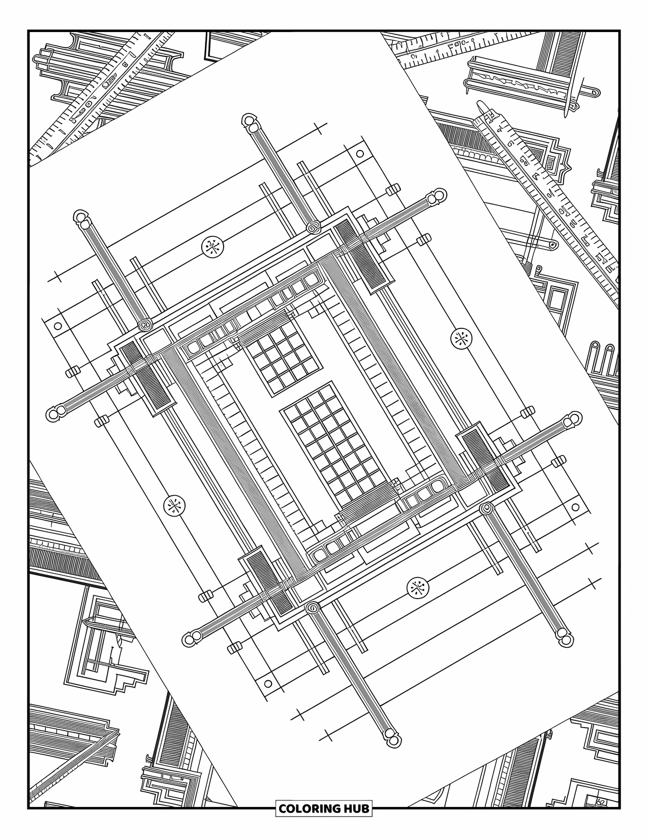 Construction Coloring Page for Adults: A building blueprint with rulers and compasses framed by artistic patterns and designs