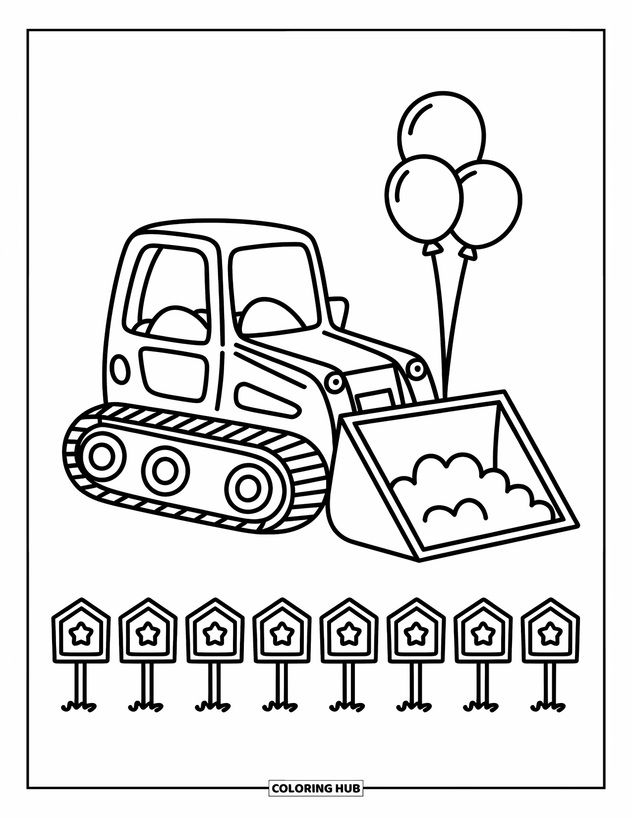 Construction Coloring Page for Adults: A cheerful bulldozer pushes soft dirt with balloons and twinkling little signs nearby
