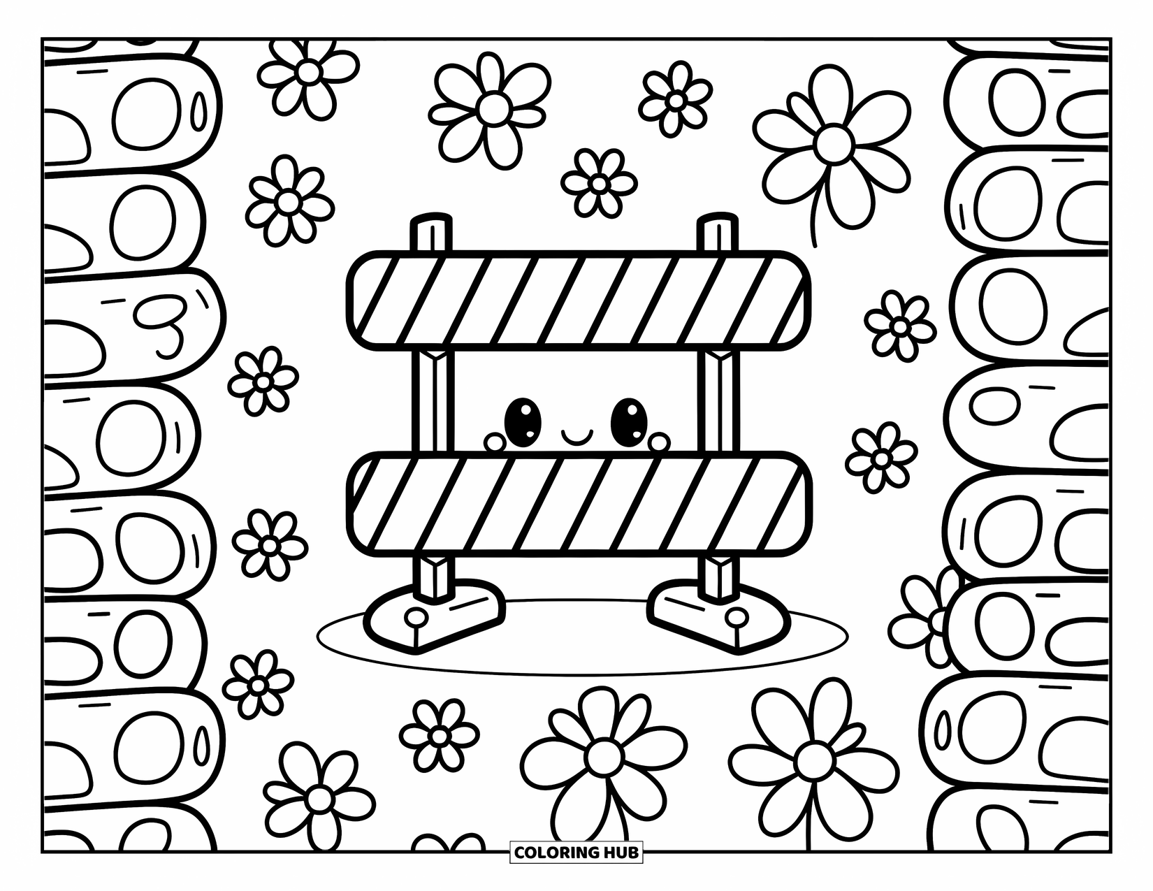 Construction Coloring Page for Adults: A cheerful construction barrier smiles beside stacked wooden beams and playful patterns