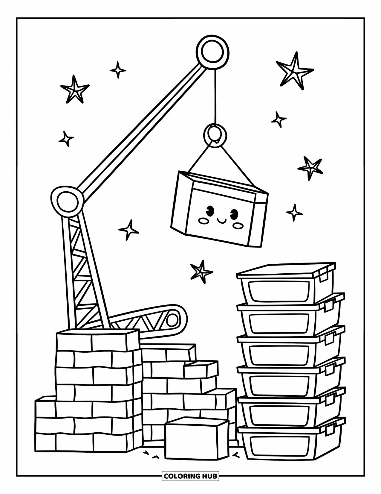 Construction Coloring Page for Adults: A cheerful crane with a sweet face lifts a block with stars and tiny toolboxes nearby