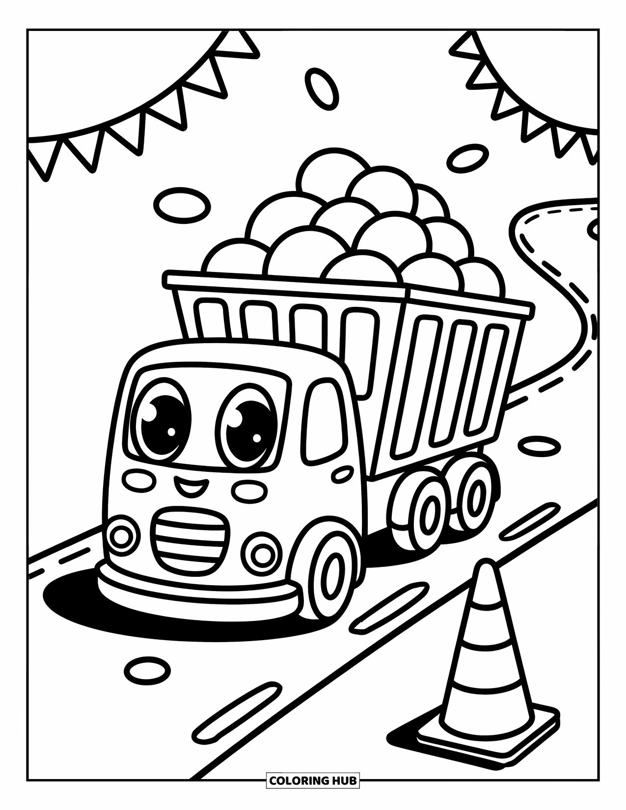 Construction Coloring Page for Adults: A cheerful dump truck unloads round pebbles with waving flags and a happy traffic cone