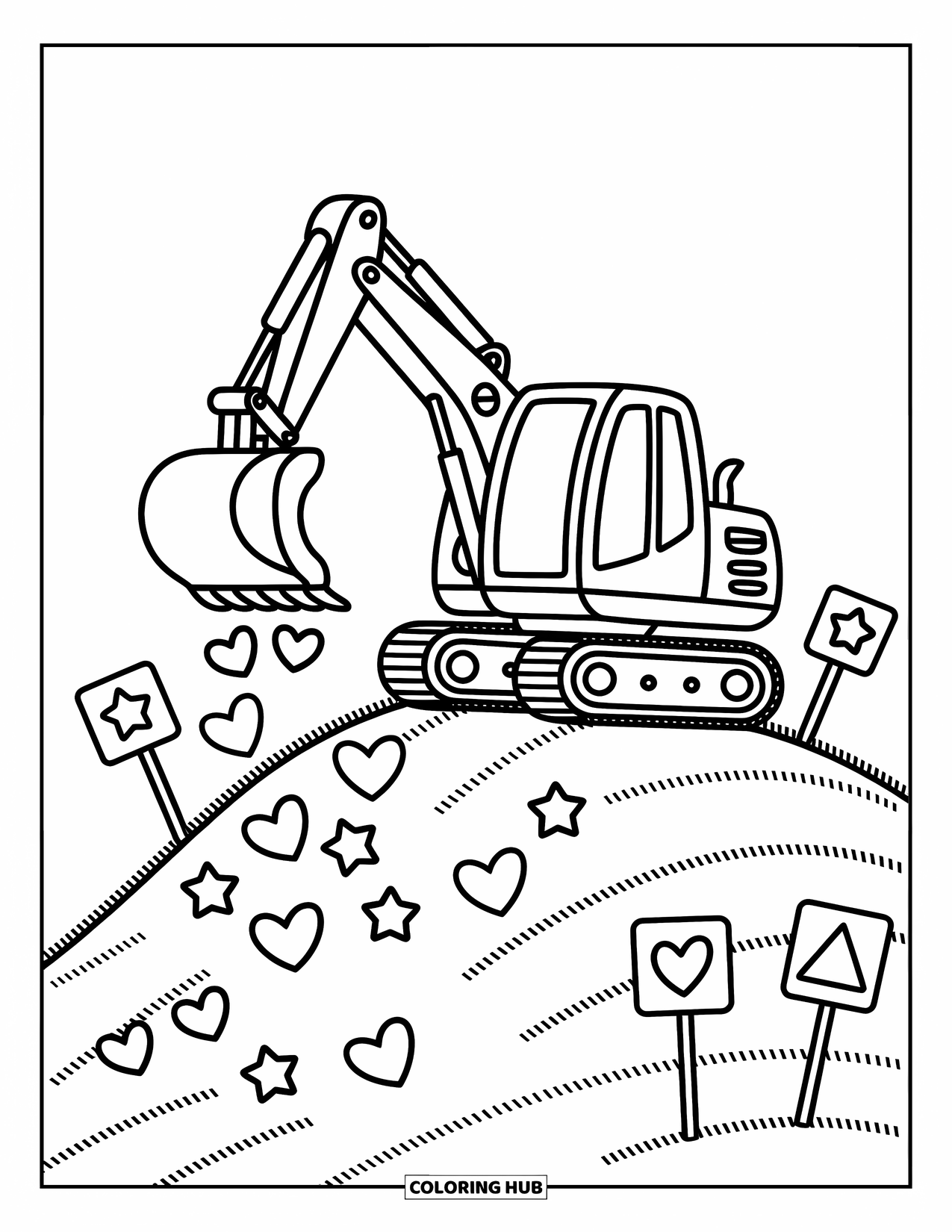 Construction Coloring Page for Adults: A cheerful excavator on a hill scoops little hearts and stars