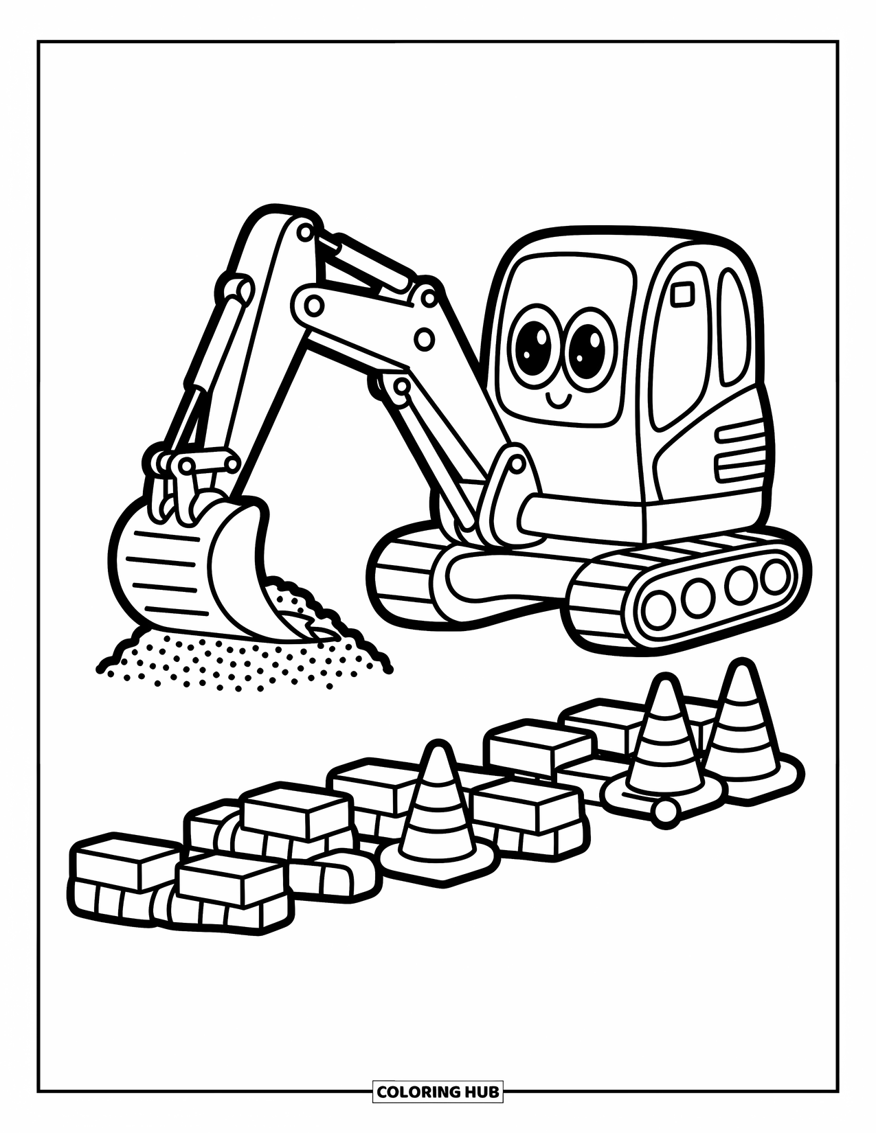 Construction Coloring Page for Adults: A cheerful excavator with big eyes scoops gravel near bricks and playful safety cones