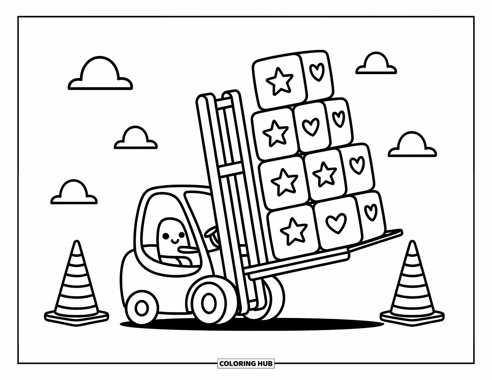 Construction Coloring Page for Adults: A cheerful forklift carries boxes decorated with stars and hearts, cones and clouds around