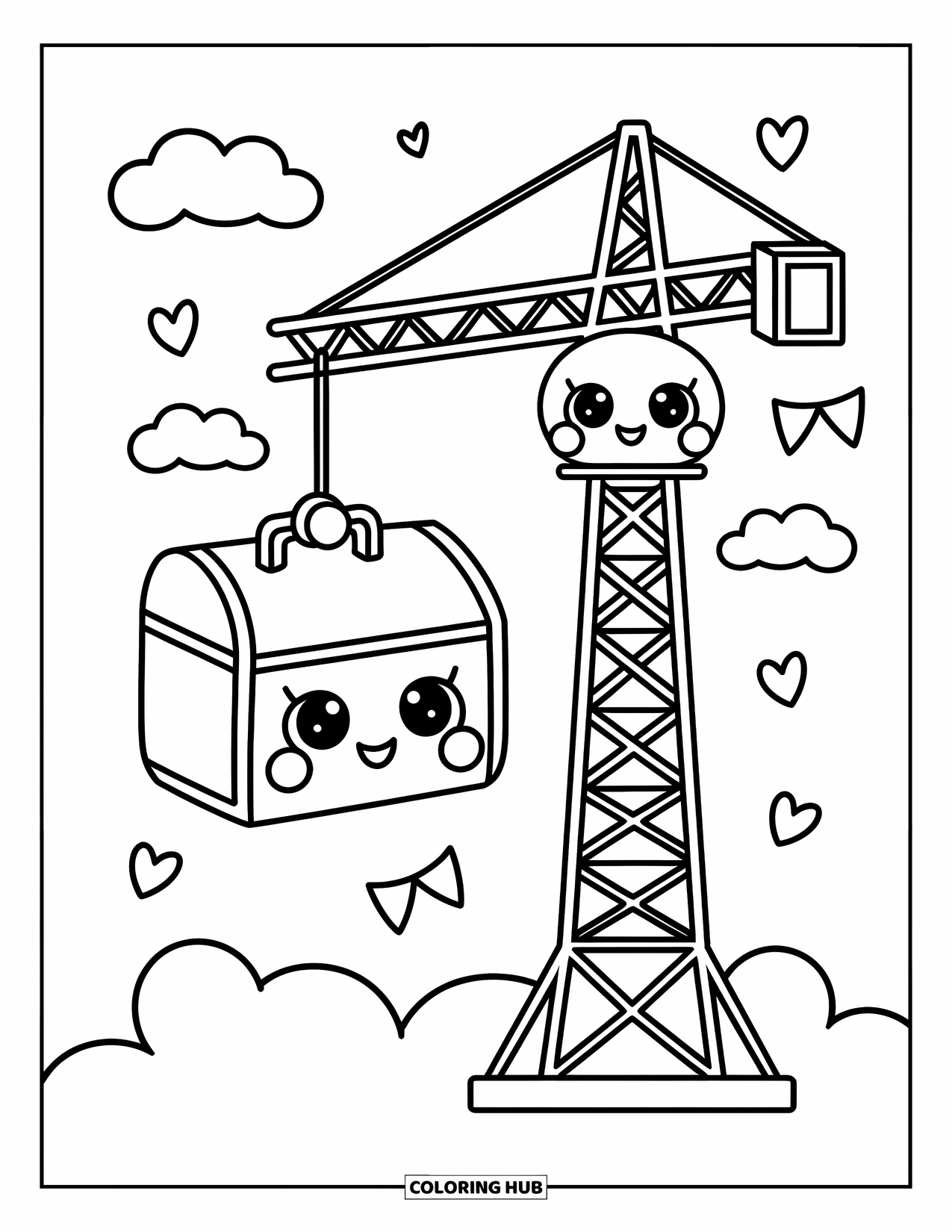 Construction Coloring Page for Adults: A cheerful tower crane lifts a cute toolbox surrounded by clouds and heart flags