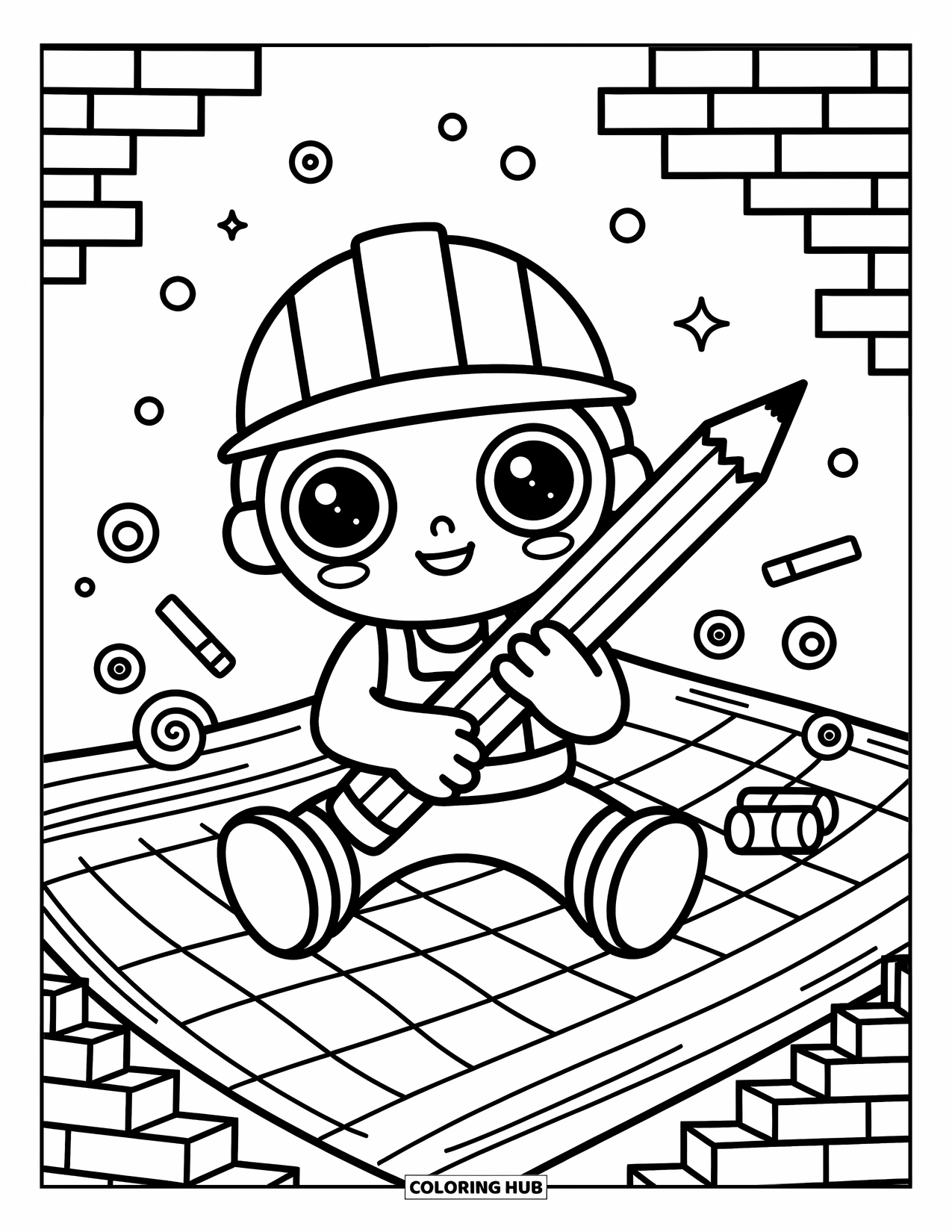Construction Coloring Page for Adults: A cheerful worker with big eyes sits on a huge blueprint holding a giant pencil