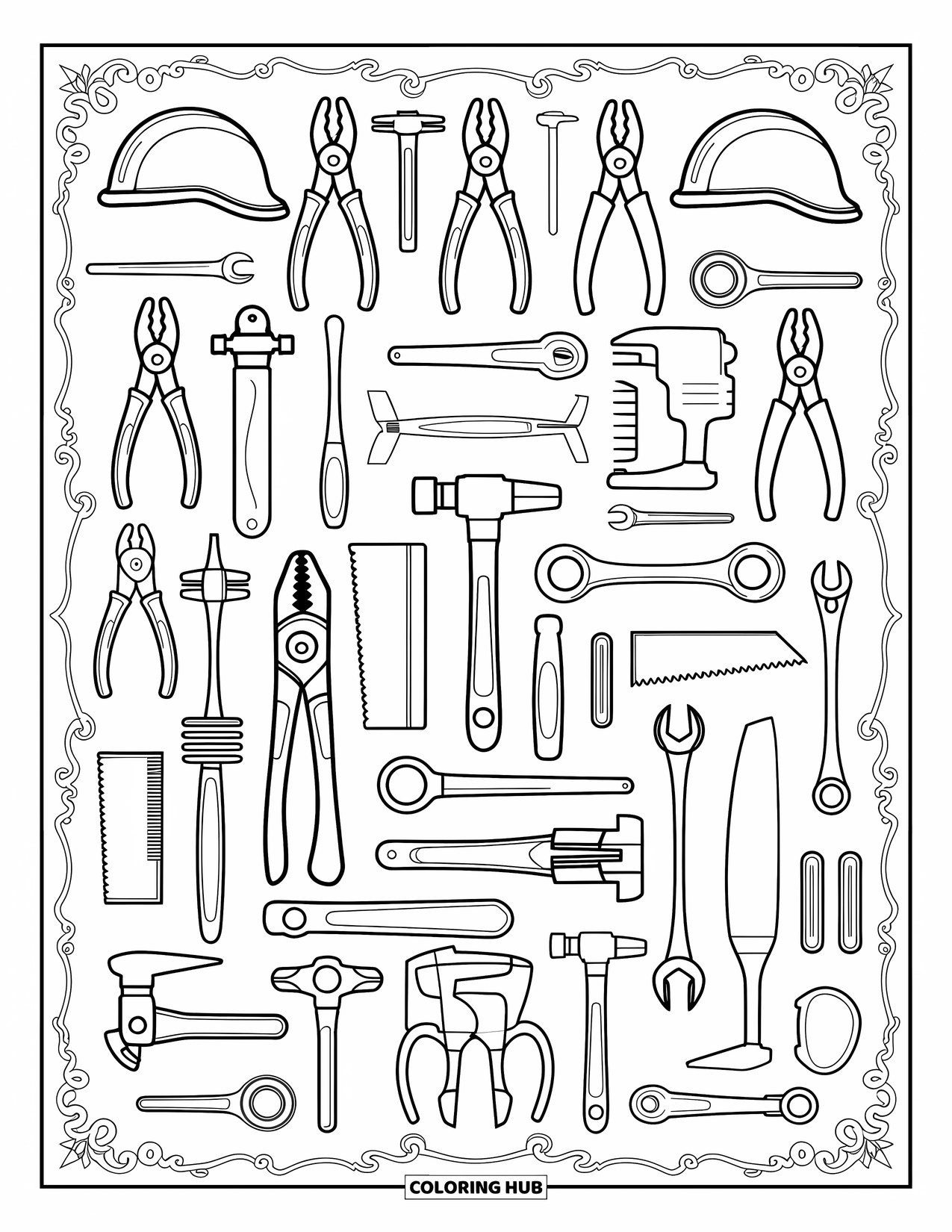 Construction Coloring Page for Adults: A collage of hand tools with swirling patterns and ornate borders surrounding them