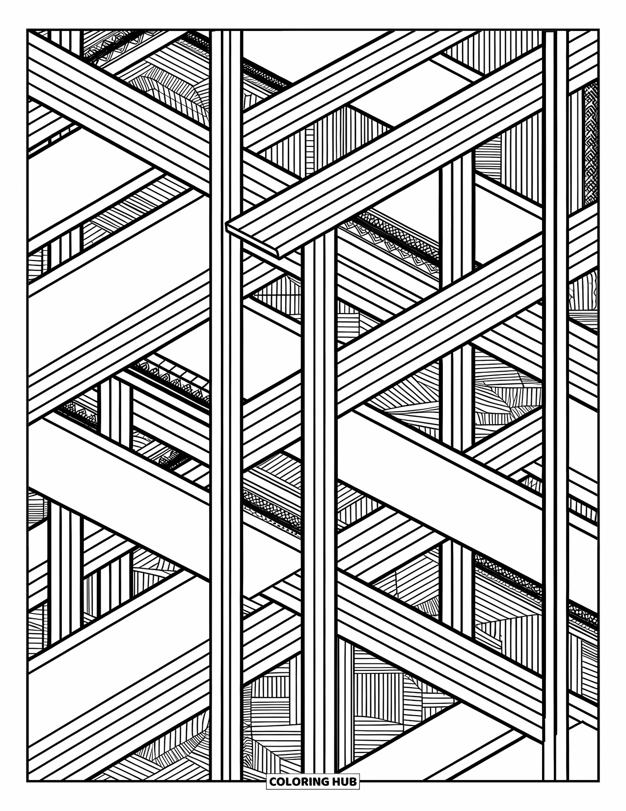 Construction Coloring Page for Adults: A complex scaffolding design filled with geometric shapes and elegant artistic patterns