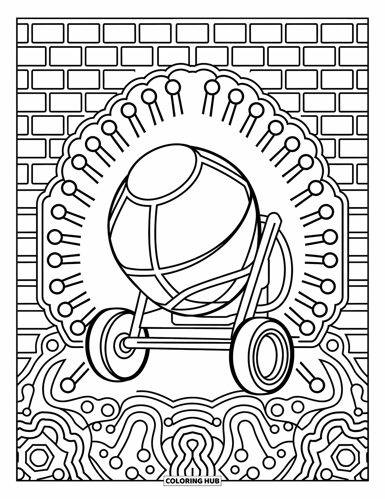 Construction Coloring Page for Adults: A concrete mixer with intricate brick patterns and decorative elements all around