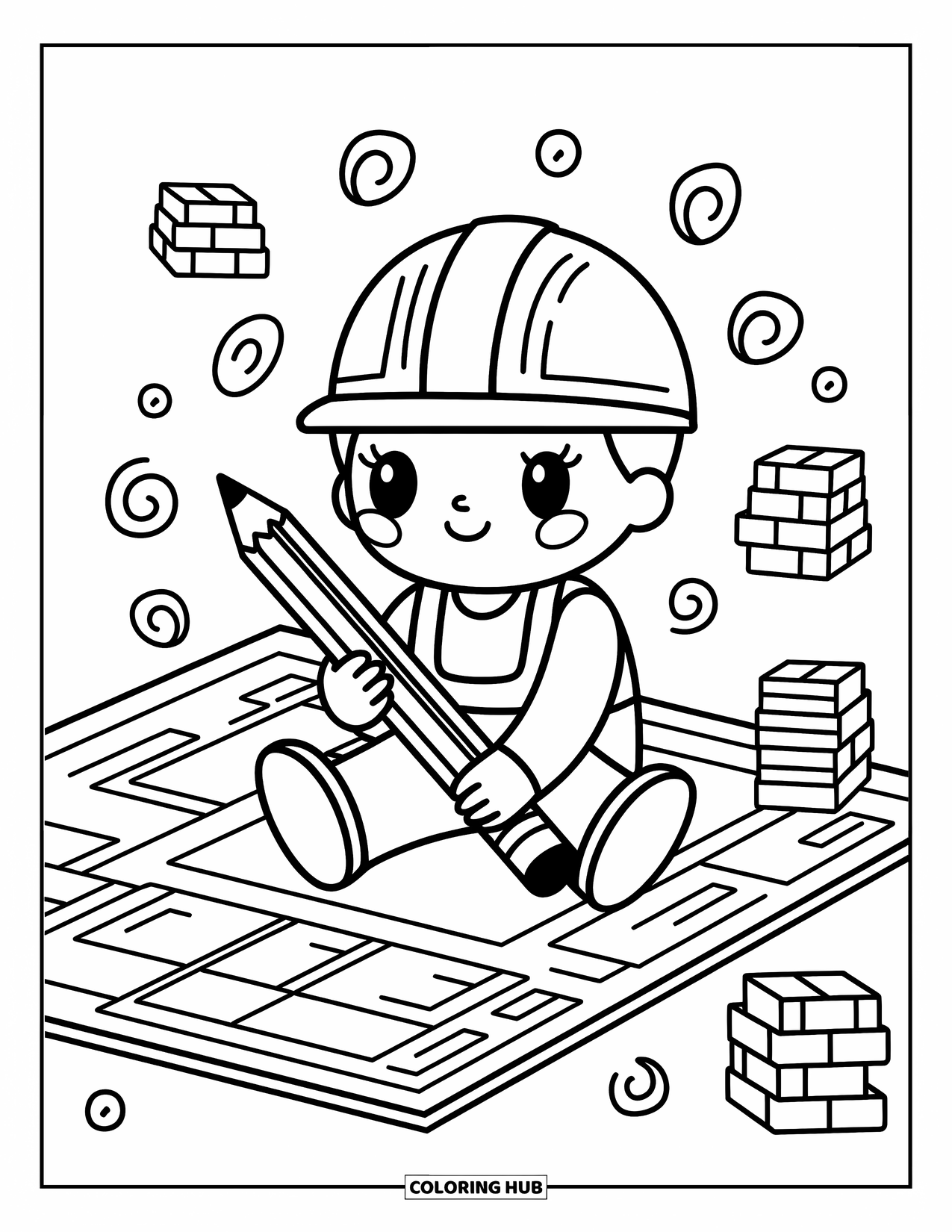 Construction Coloring Page for Adults: A cute construction worker sits on a big blueprint holding a pencil larger than them