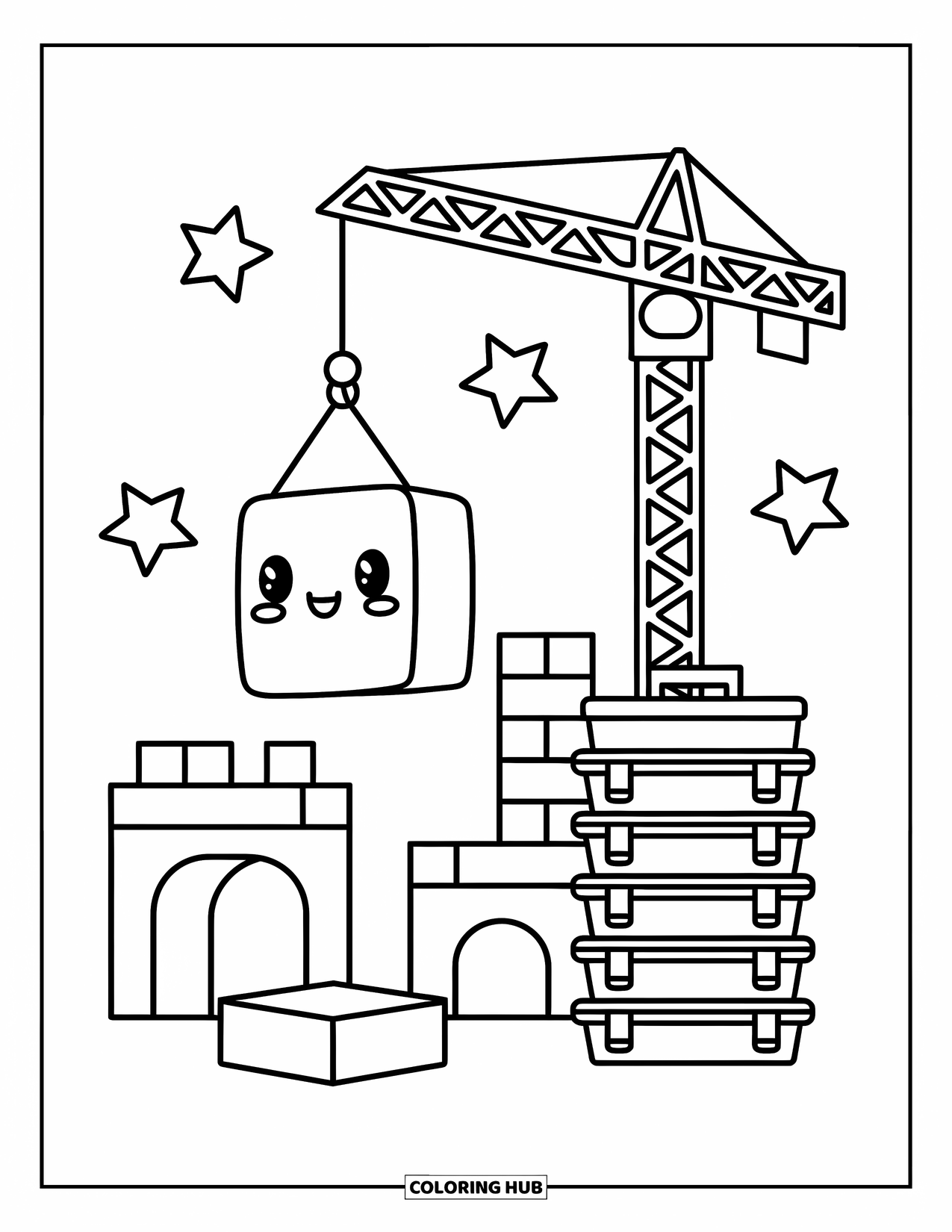 Construction Coloring Page for Adults: A cute crane lifts a block with playful stars and a stack of toolboxes around
