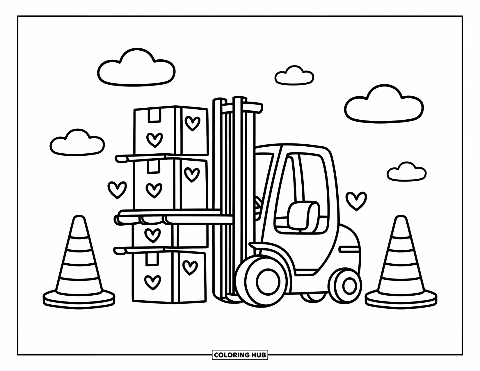 Construction Coloring Page for Adults: A cute forklift lifts boxes with stars and hearts, with playful cones and fluffy clouds