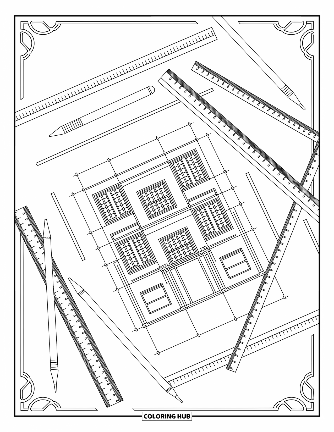Construction Coloring Page for Adults: A detailed building blueprint surrounded by rulers, compasses, and decorative patterns