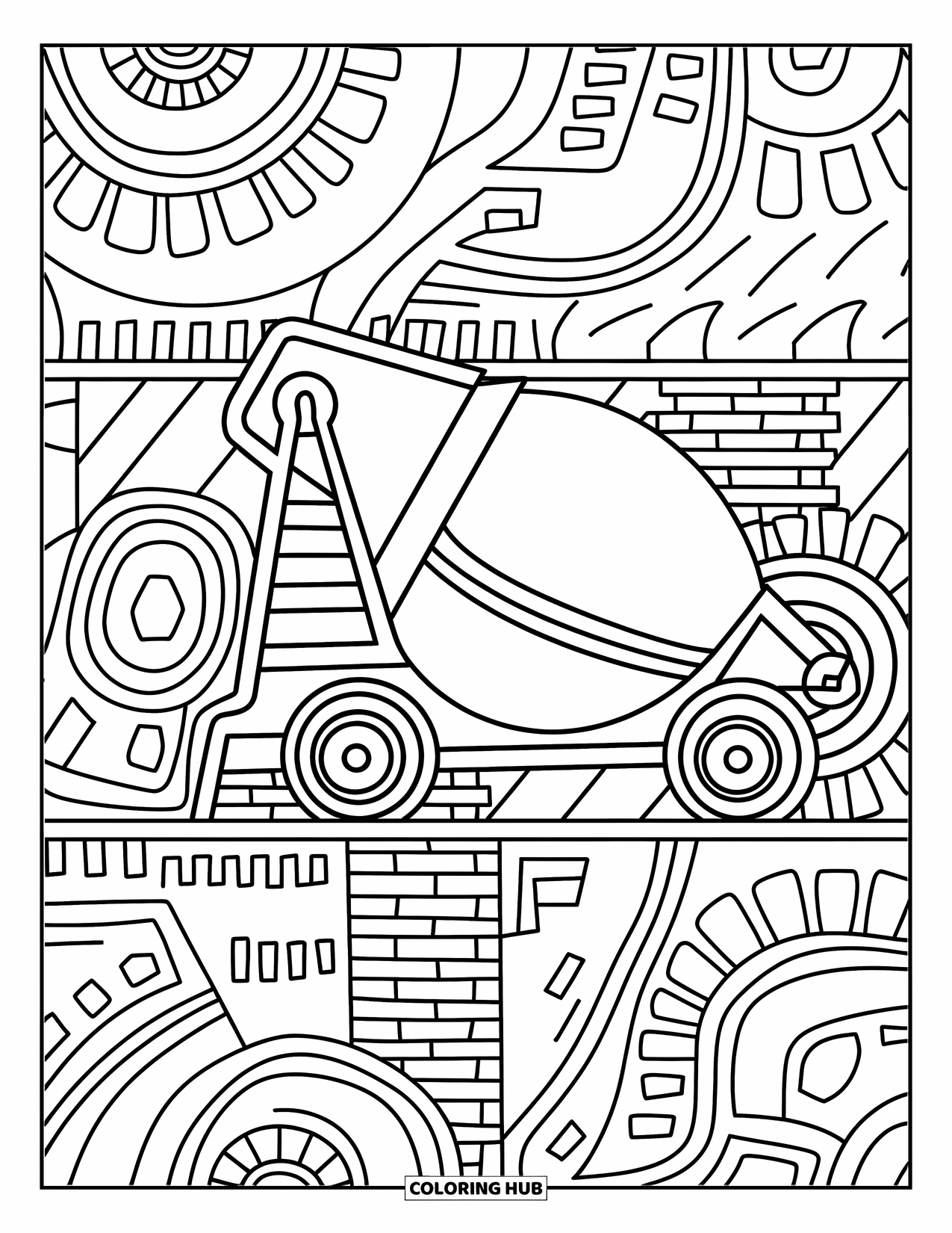 Construction Coloring Page for Adults: A detailed concrete mixer surrounded by brick and screw head patterns with elegant designs