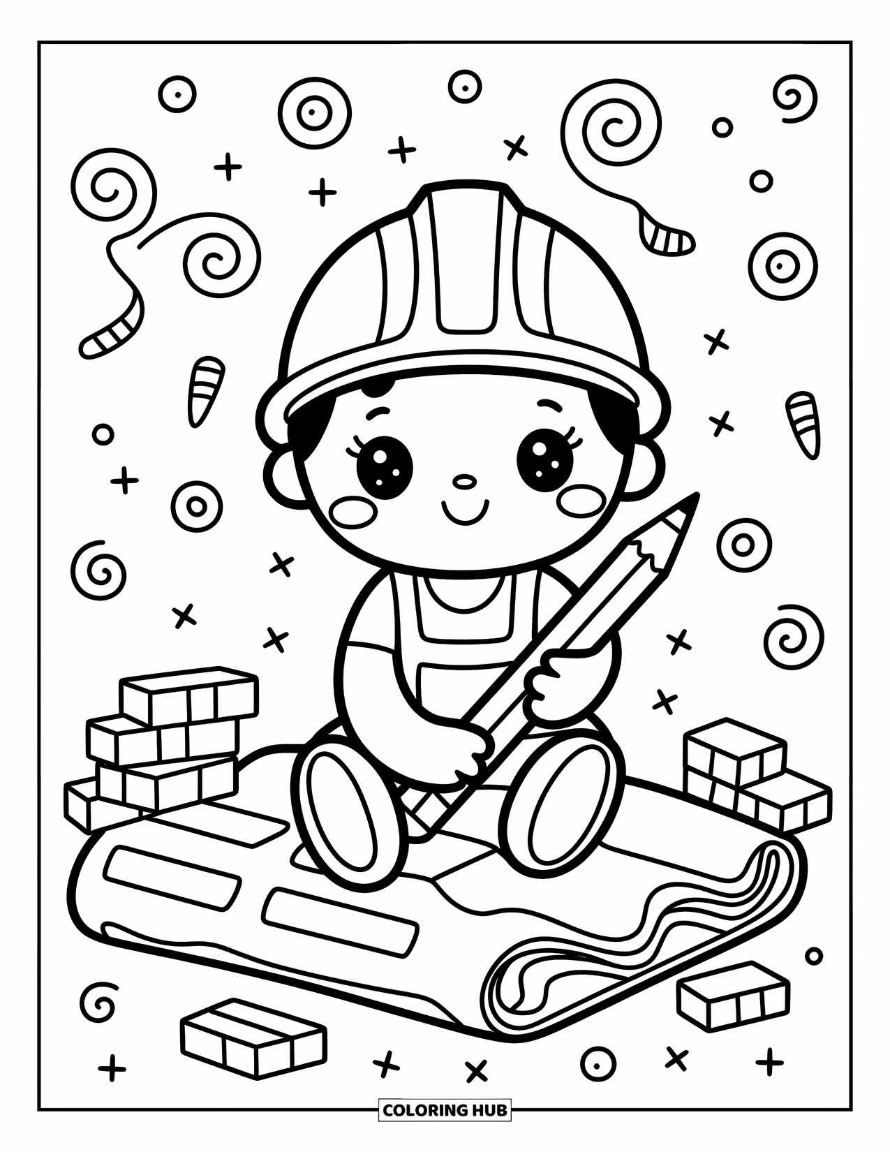 Construction Coloring Page for Adults: A friendly construction worker sits on a soft blueprint with playful swirls and bricks