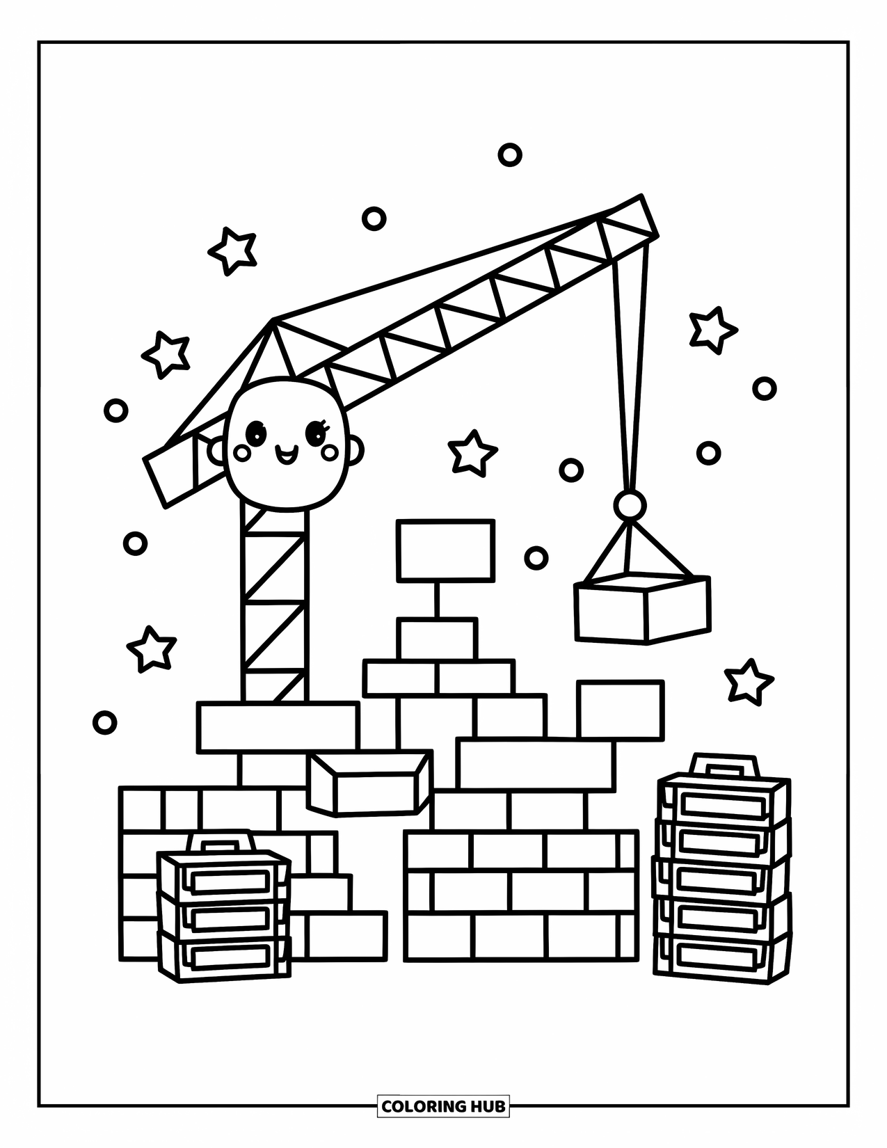 Construction Coloring Page for Adults: A friendly crane lifts a block near half-built structures and floating decorative stars
