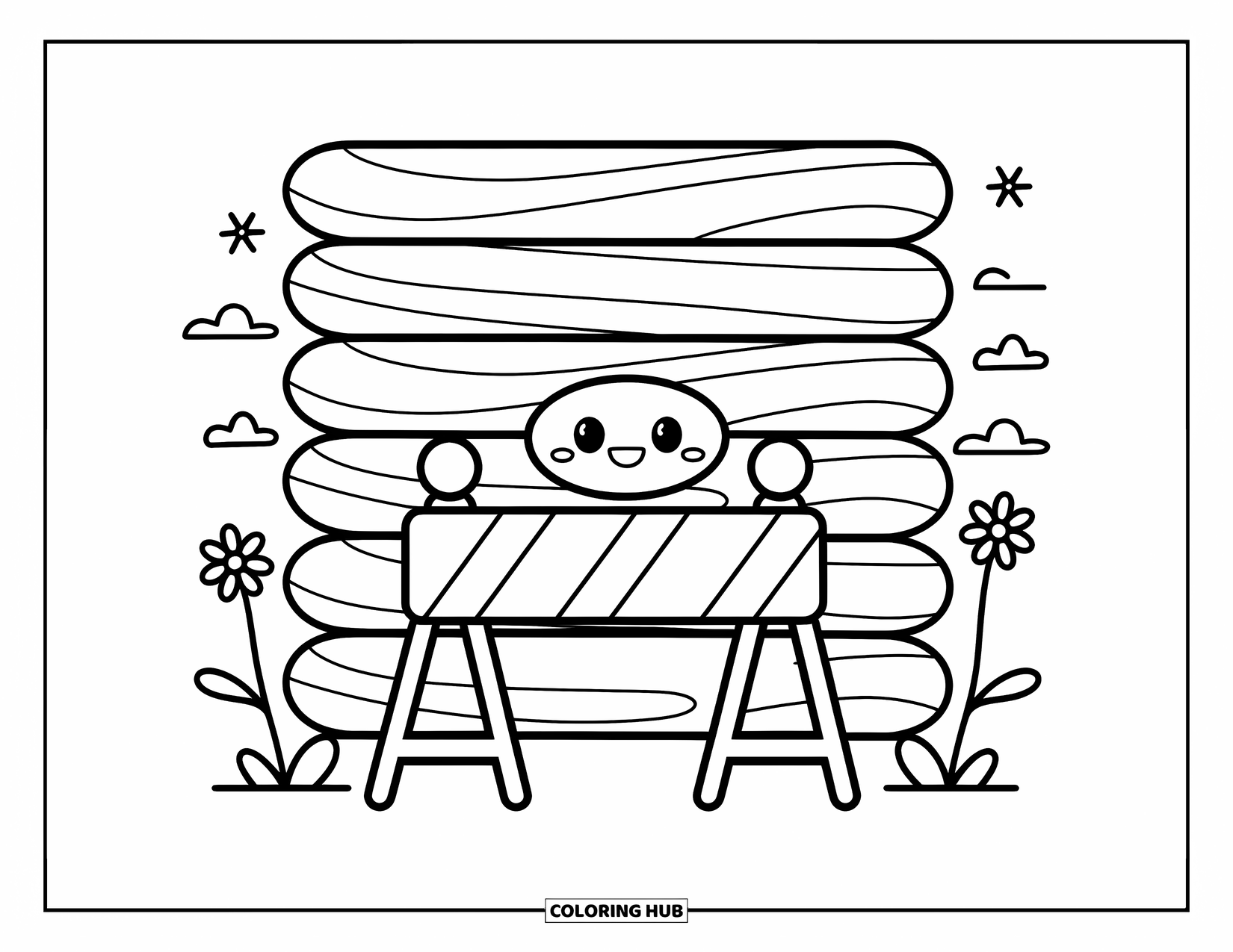 Construction Coloring Page for Adults: A happy barrier with a cute face stands near wooden beams and tiny fun details