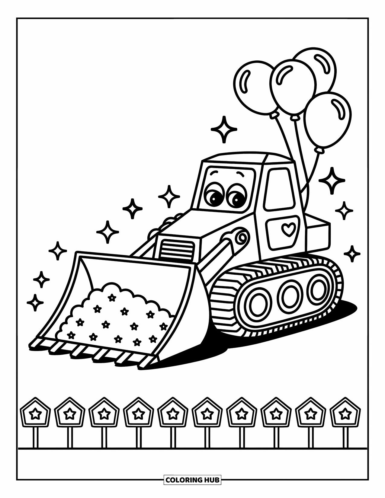 Construction Coloring Page for Adults: A happy bulldozer moves fluffy dirt with balloons and sparkling stars around