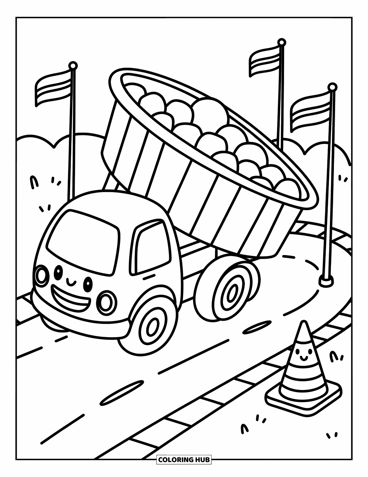 Construction Coloring Page for Adults: A happy dump truck unloads pebbles onto a curved road with tiny flags and a cone