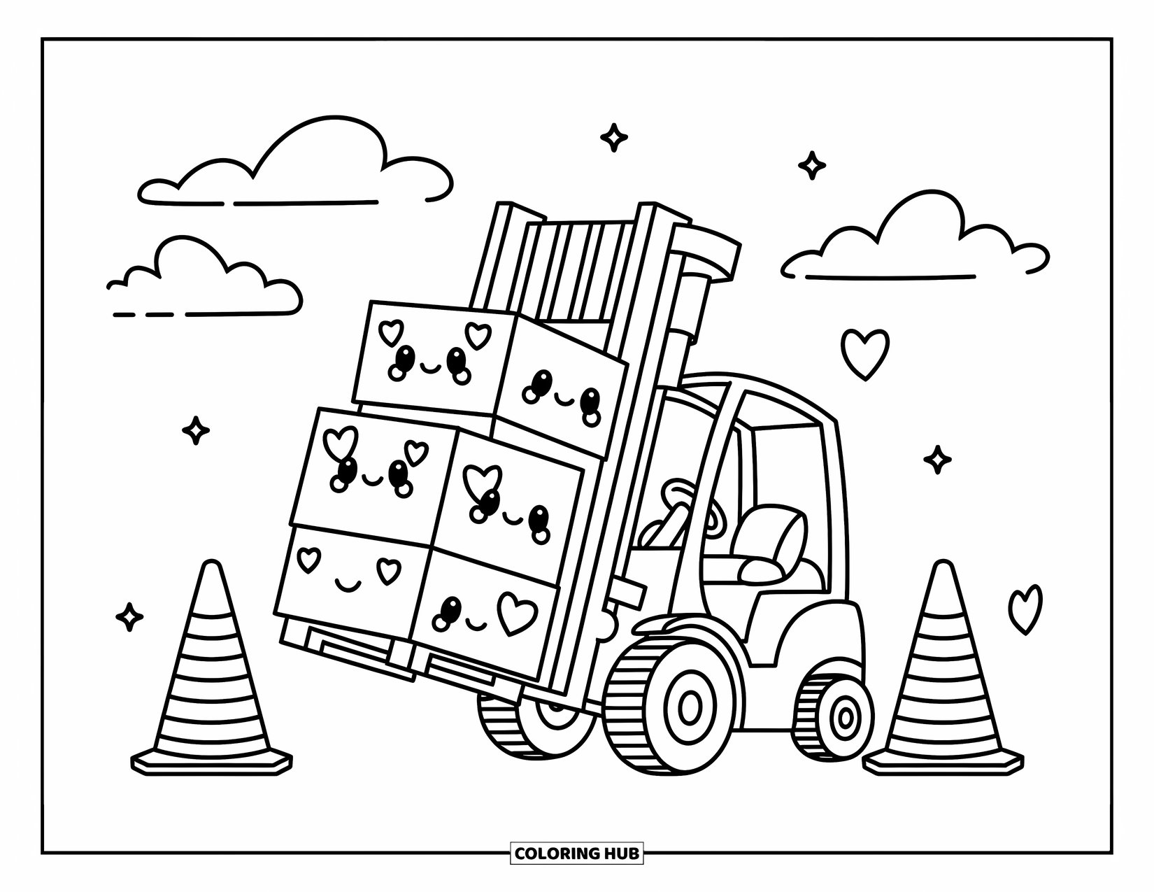Construction Coloring Page for Adults: A kawaii forklift raises starry boxes with friendly cones and gentle clouds nearby