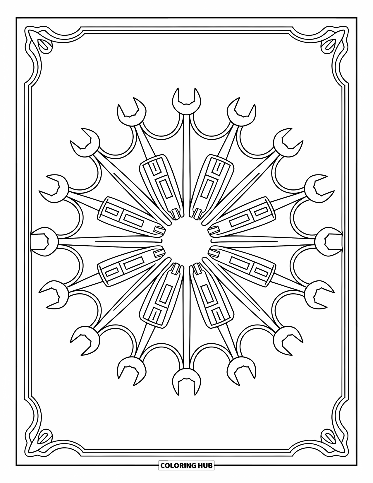 Construction Coloring Page for Adults: A mandala formed from construction tools surrounded by elegant patterns and designs