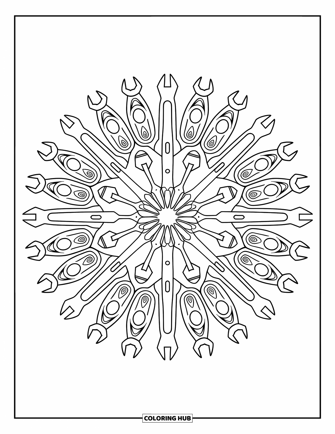 Construction Coloring Page for Adults: A mandala made of wrenches, hammers, and nails with detailed patterns around