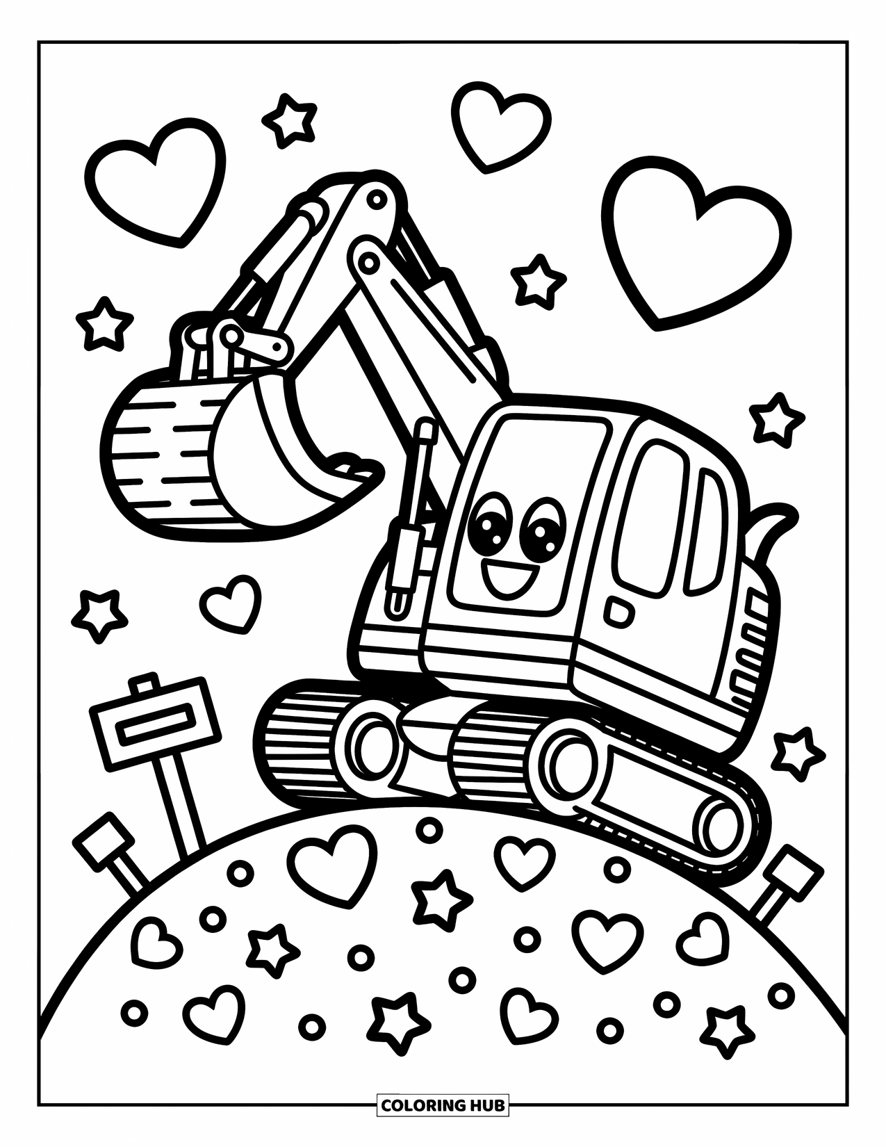 Construction Coloring Page for Adults: A playful excavator scoops hearts and stars on a soft, gentle hill