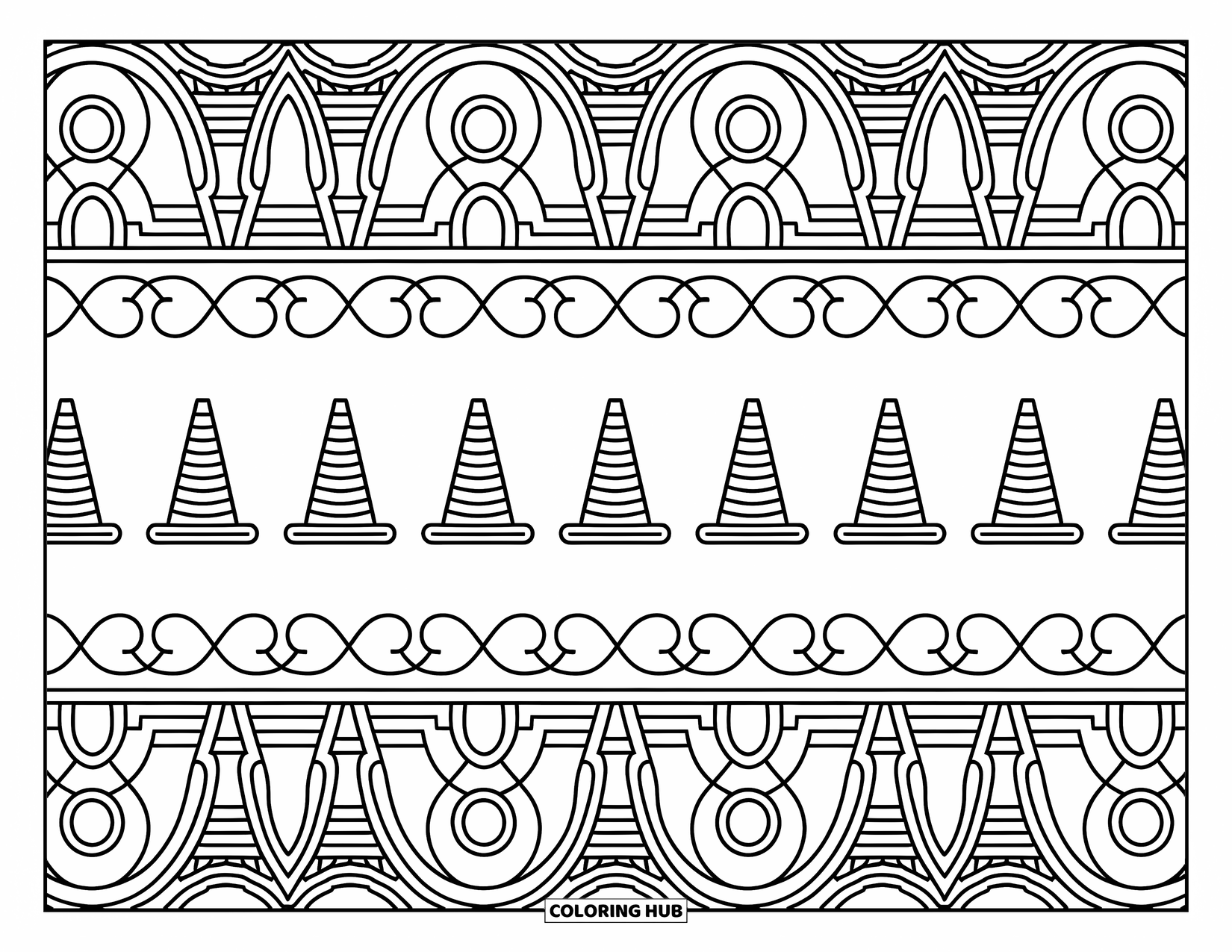 Construction Coloring Page for Adults: A row of construction cones, barrels, and signs with swirls and geometric patterns around