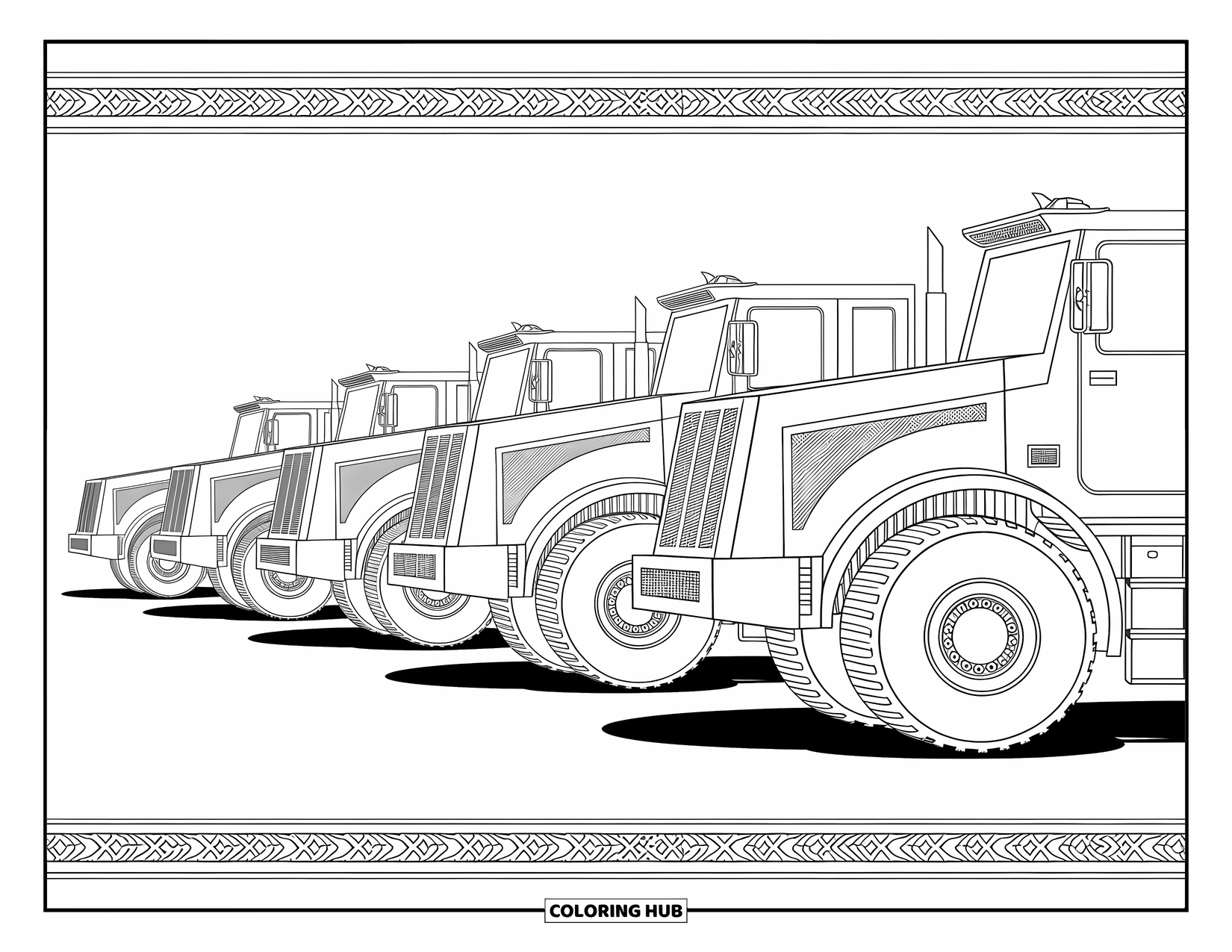 Construction Coloring Page for Adults: A row of construction vehicles with intricate parts and artistic patterns surrounding them