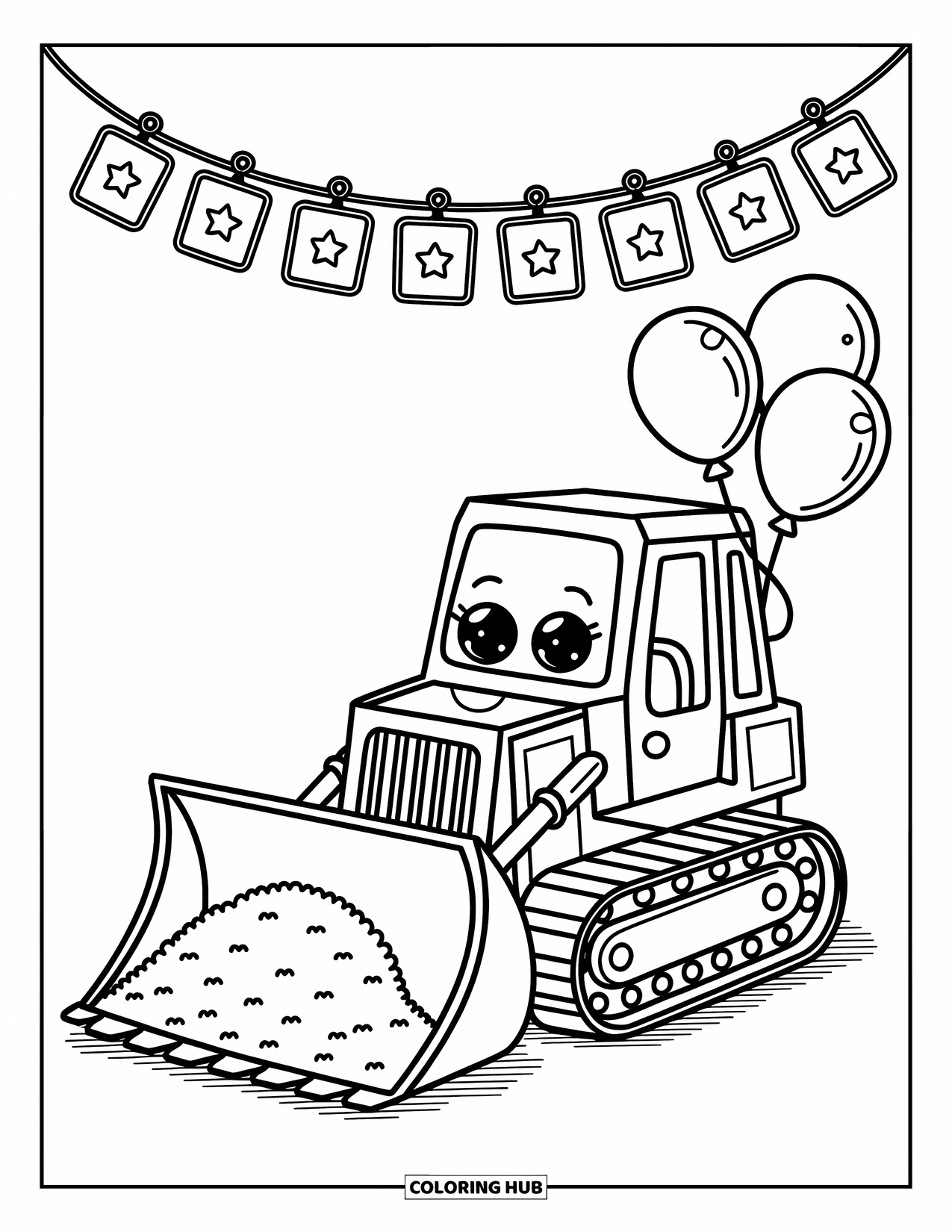 Construction Coloring Page for Adults: A smiling bulldozer pushes fluffy dirt with balloons and sparkling construction signs