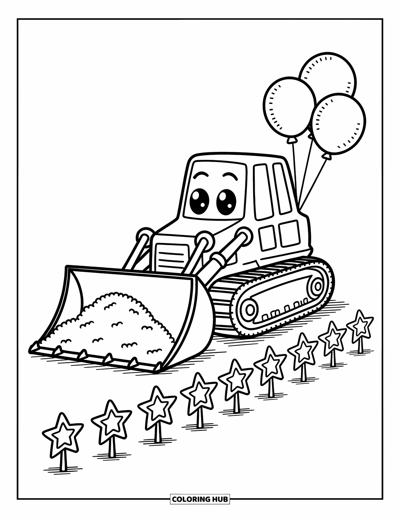 Construction Coloring Page for Adults: A smiling bulldozer pushes fluffy dirt with balloons and twinkling construction signs