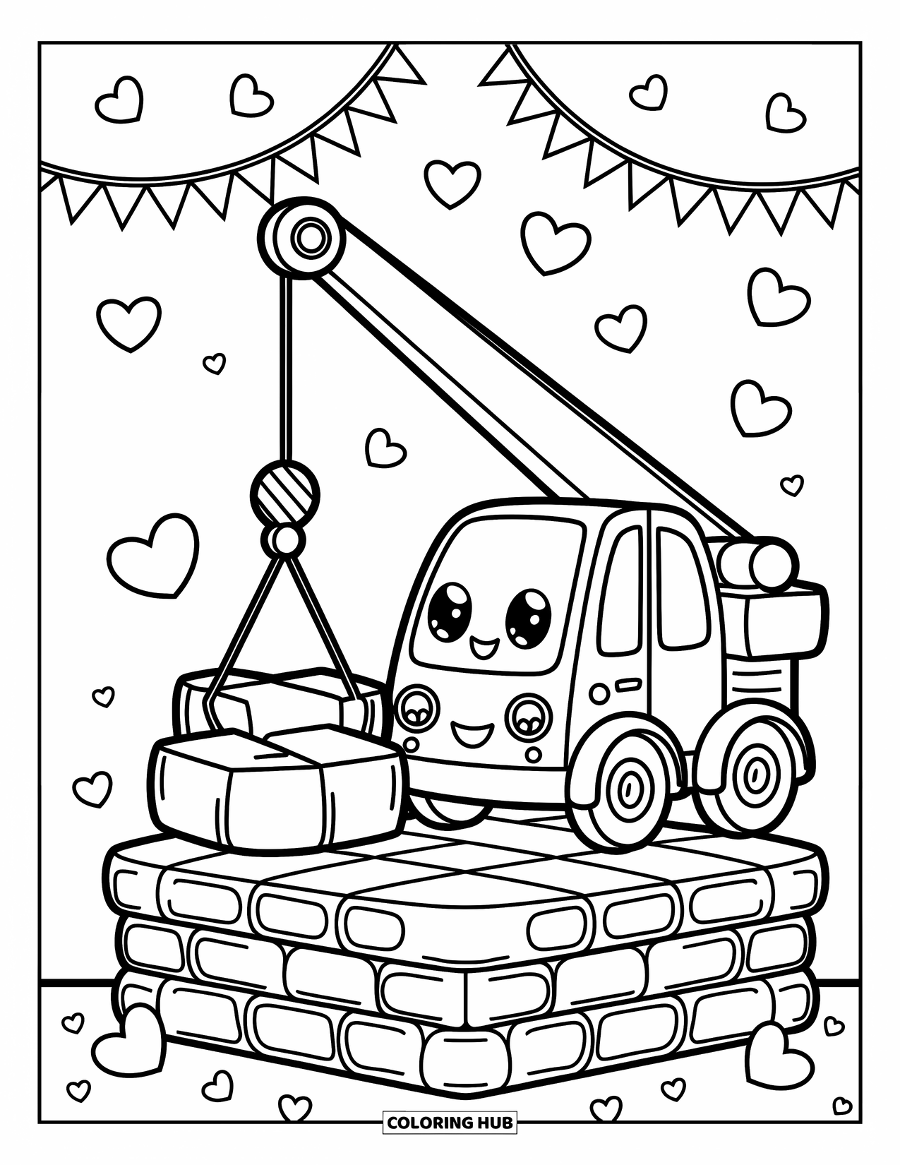 Construction Coloring Page for Adults: A smiling crane truck lowers a block onto cartoon bricks with cute flags and decorations
