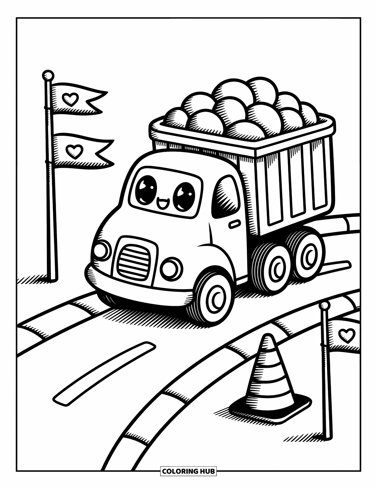 Construction Coloring Page for Adults: A smiling dump truck pours pebbles with playful flags and a cheerful traffic cone nearby