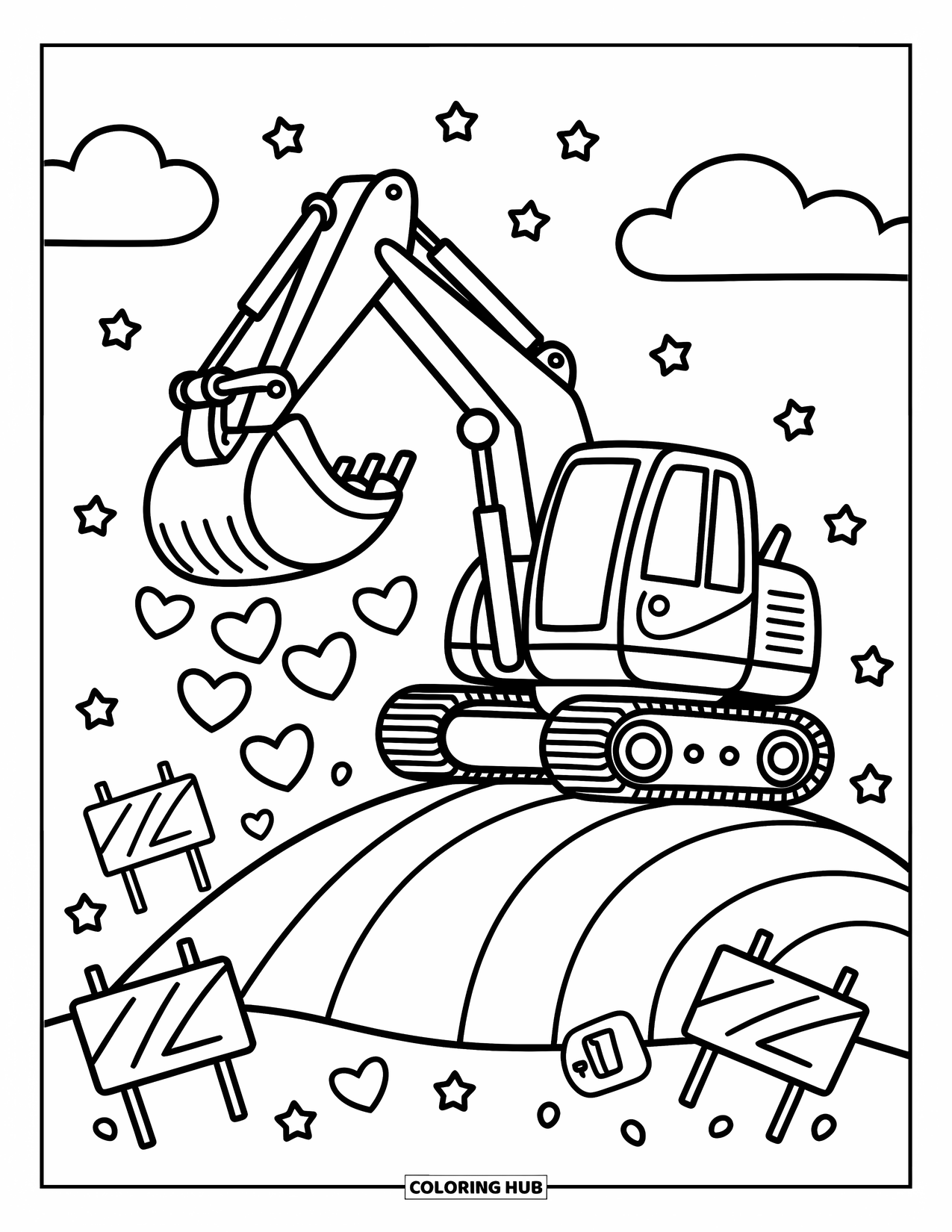 Construction Coloring Page for Adults: A smiling excavator on a hill lifts hearts and stars with cute signs around