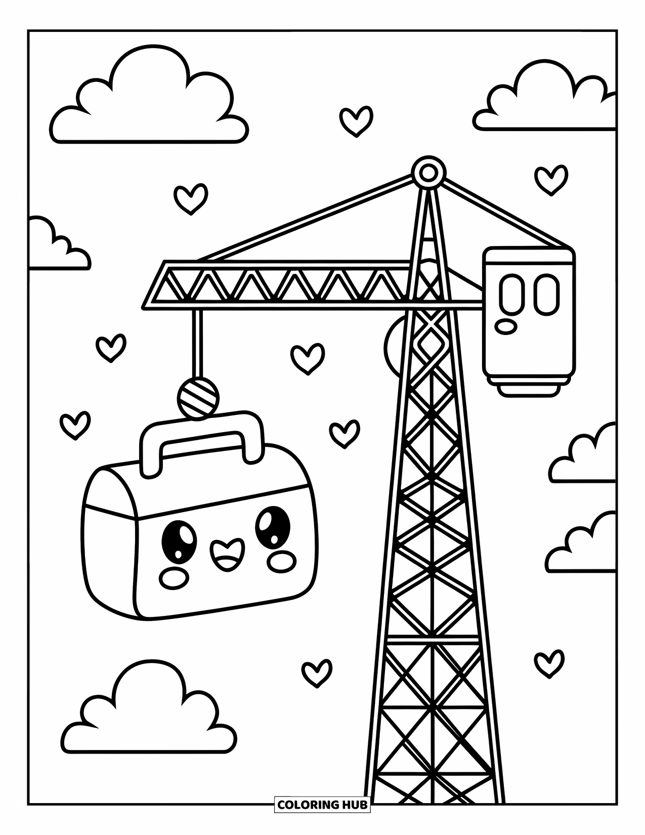 Construction Coloring Page for Adults: A smiling tower crane lifts a cartoon toolbox with heart flags and fluffy clouds nearby