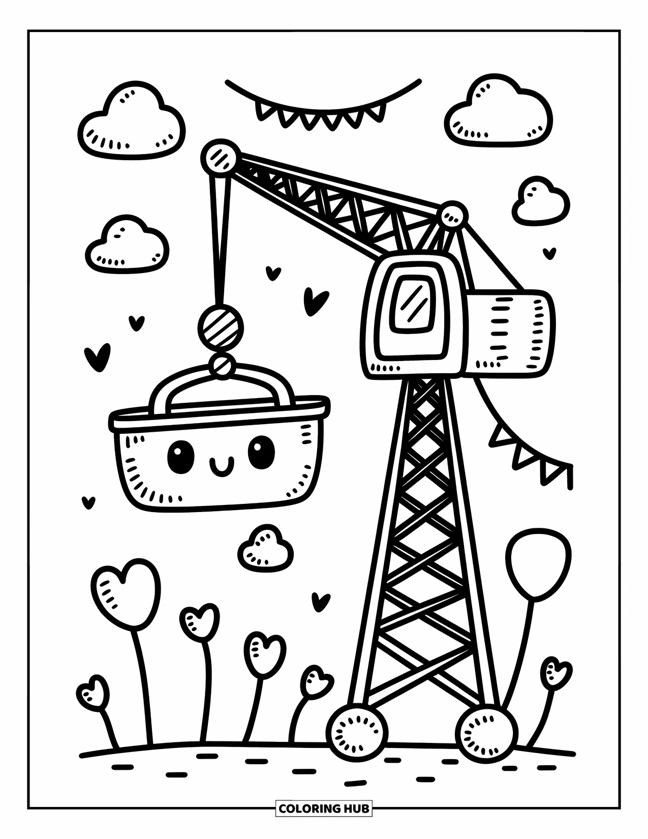 Construction Coloring Page for Adults: A smiling tower crane lifts a toolbox with heart flags and fluffy clouds around